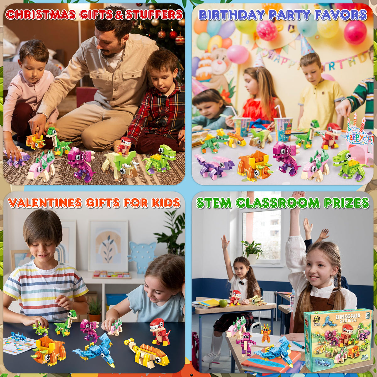 LINAYE 12 Packs Dinosaur Party Favors – 417 PCS Mini Building Blocks for Kids