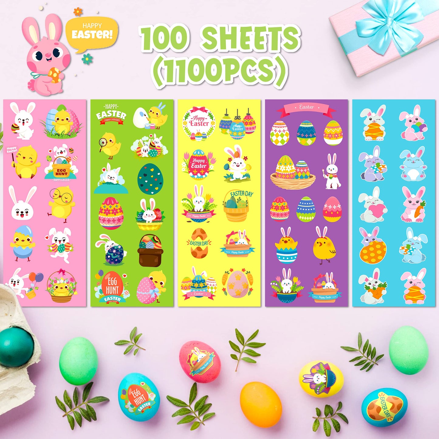 LINAYE 1100Pcs Easter Stickers for Kids – 55 Designs Bulk Pack for Crafts, Cards & Baskets