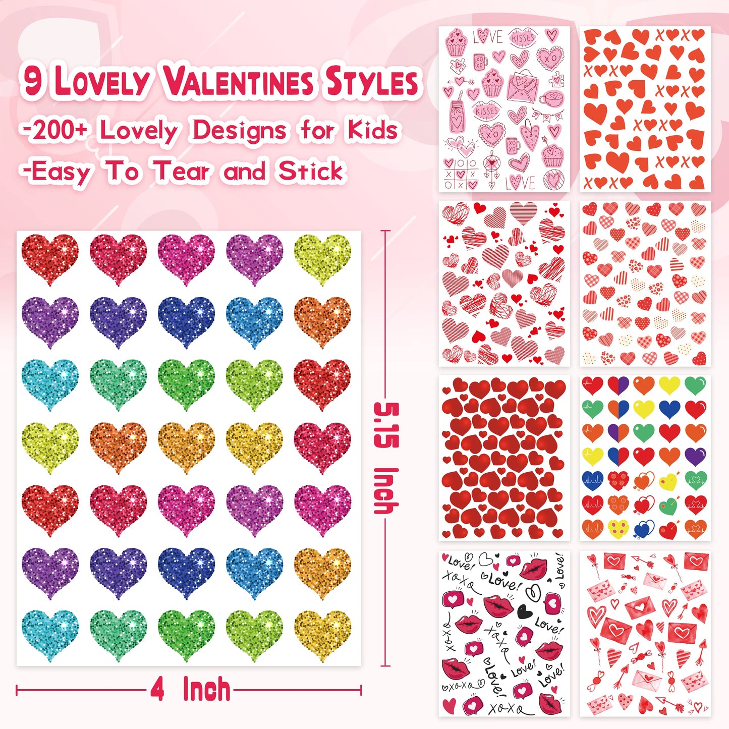 LINAYE Valentine Heart Stickers for Kids – 3000+ PCS, 72 Sheets, Non-Toxic & Reusable