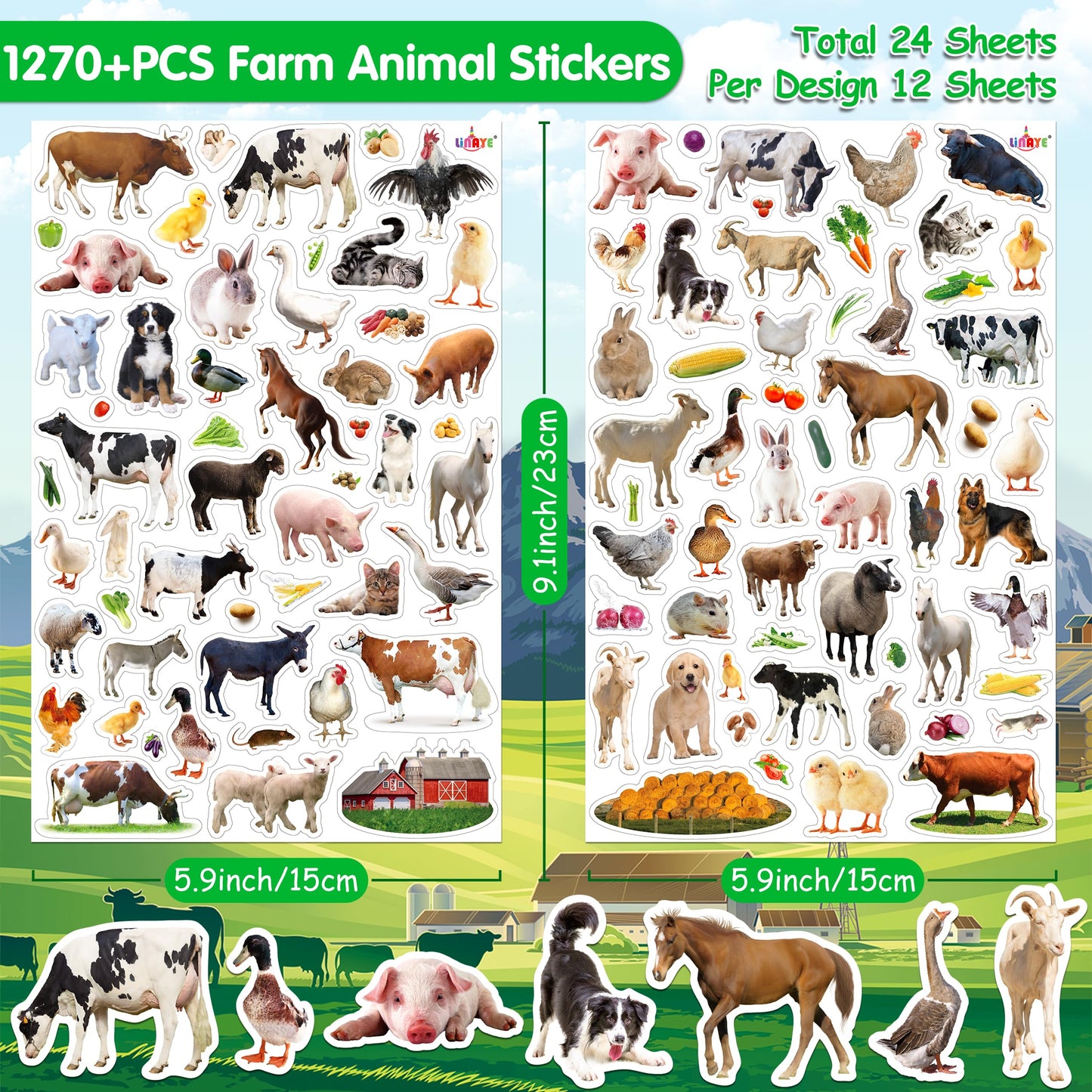 LINAYE 1270+ Farm Stickers for Kids – 24 Sheets for Scrapbooking, Water Bottles & Party Decor