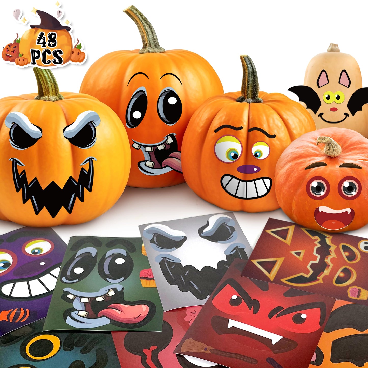 LINAYE 48 Pcs Halloween Pumpkin Face Stickers for Kids – Decorating Kit