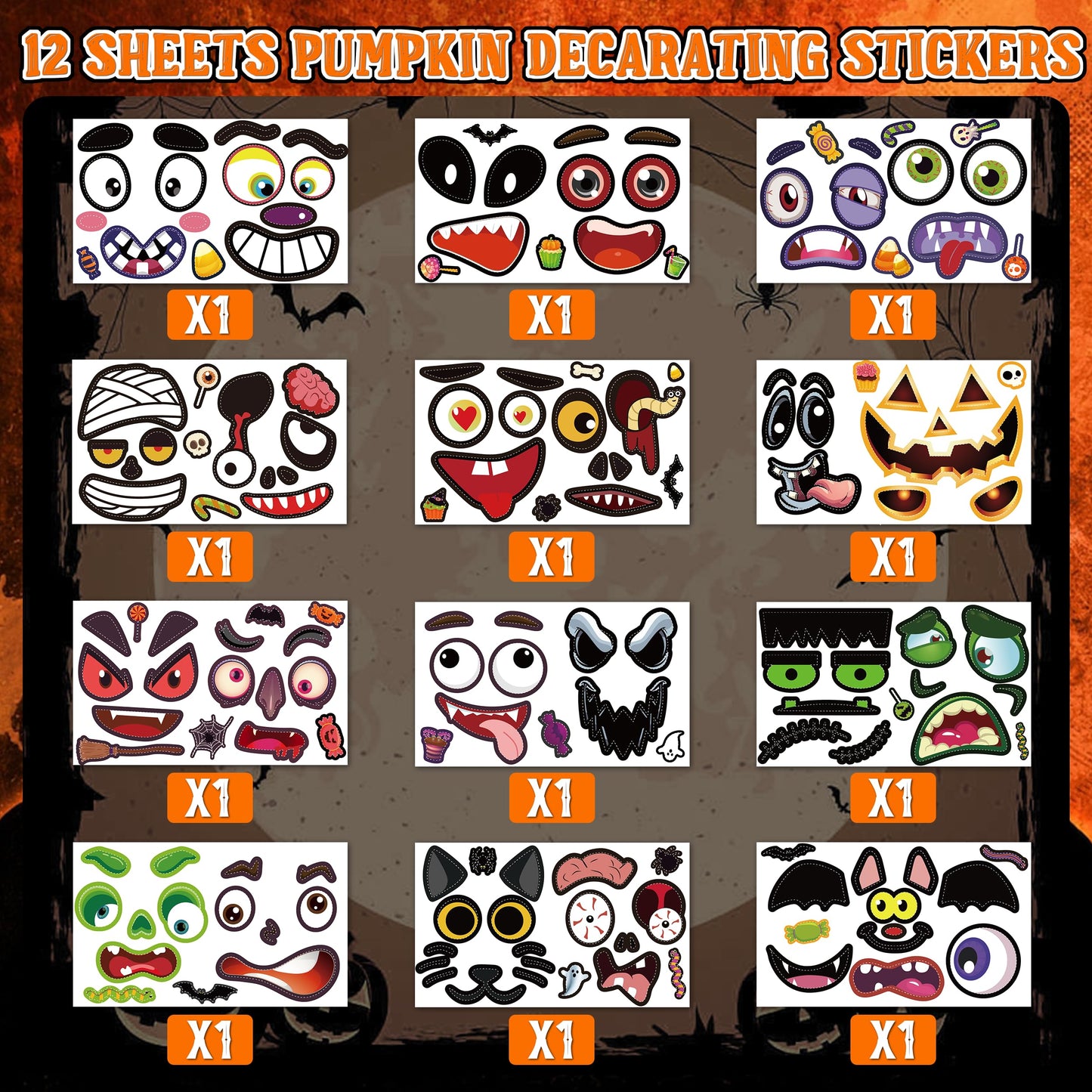 LINAYE 24-Count Pumpkin Face Stickers Kit for Mini Pumpkins | Halloween Games & Kids Gifts