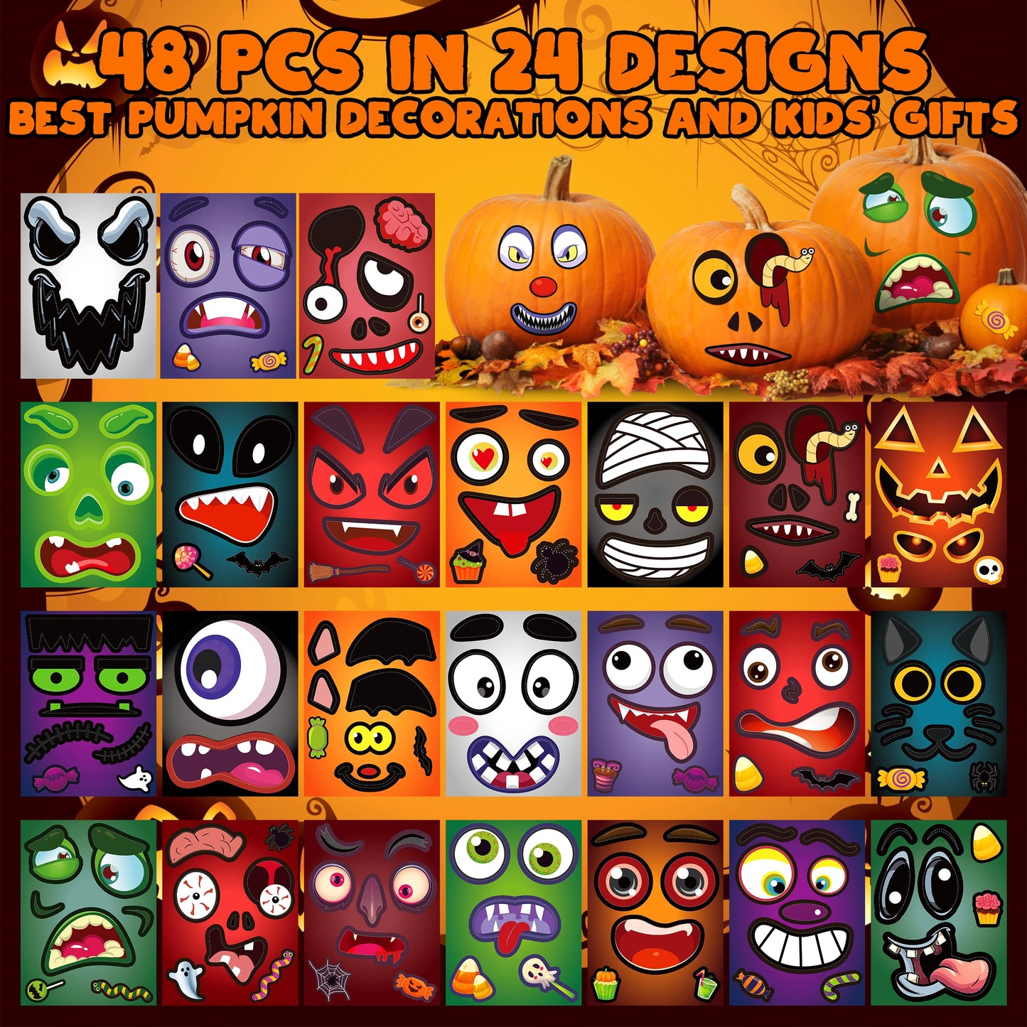 LINAYE 48 Pcs Halloween Pumpkin Face Stickers for Kids – Decorating Kit