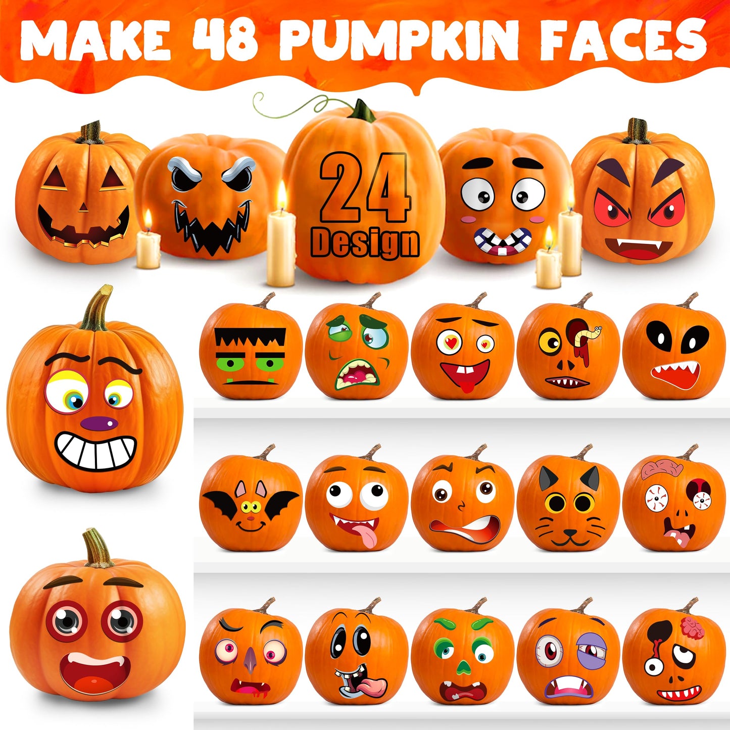 LINAYE 48 Pcs Halloween Pumpkin Face Stickers for Kids – Decorating Kit