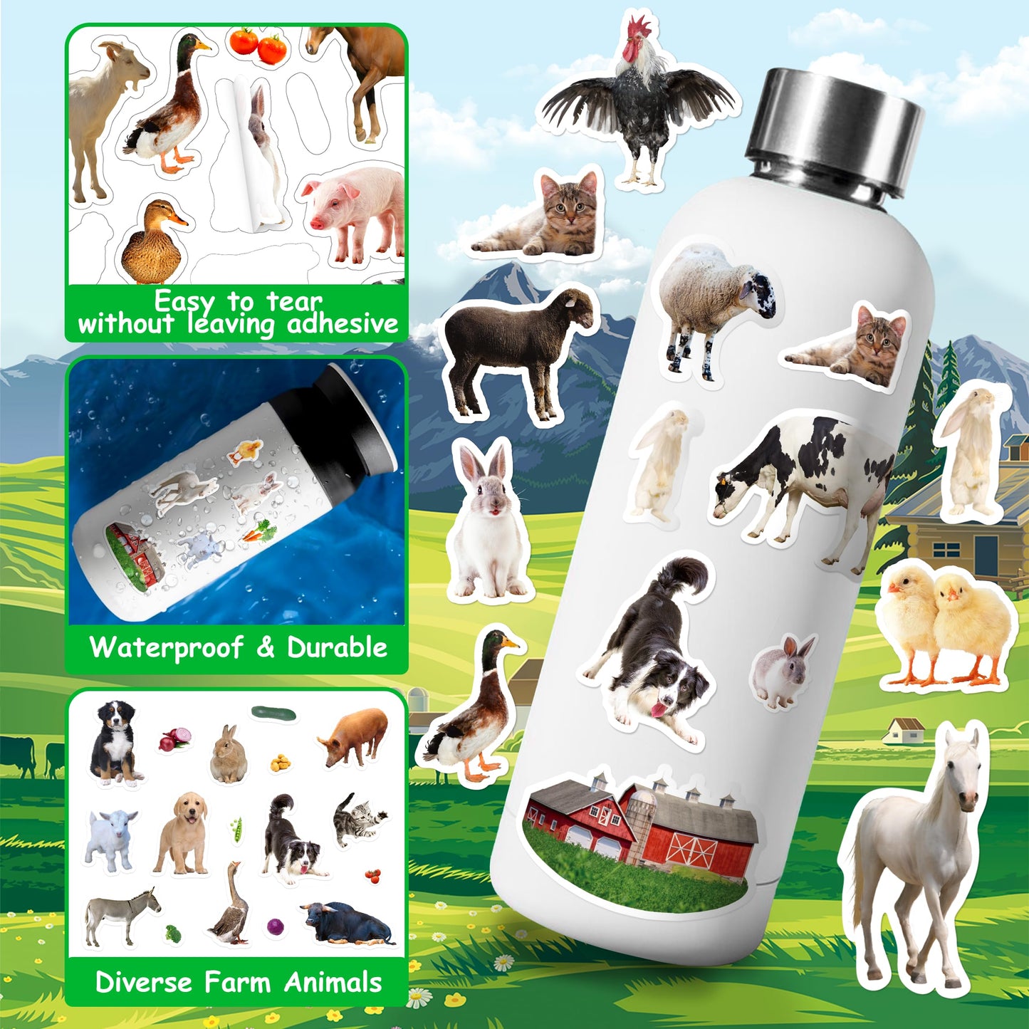 LINAYE 1270+ Farm Stickers for Kids – 24 Sheets for Scrapbooking, Water Bottles & Party Decor
