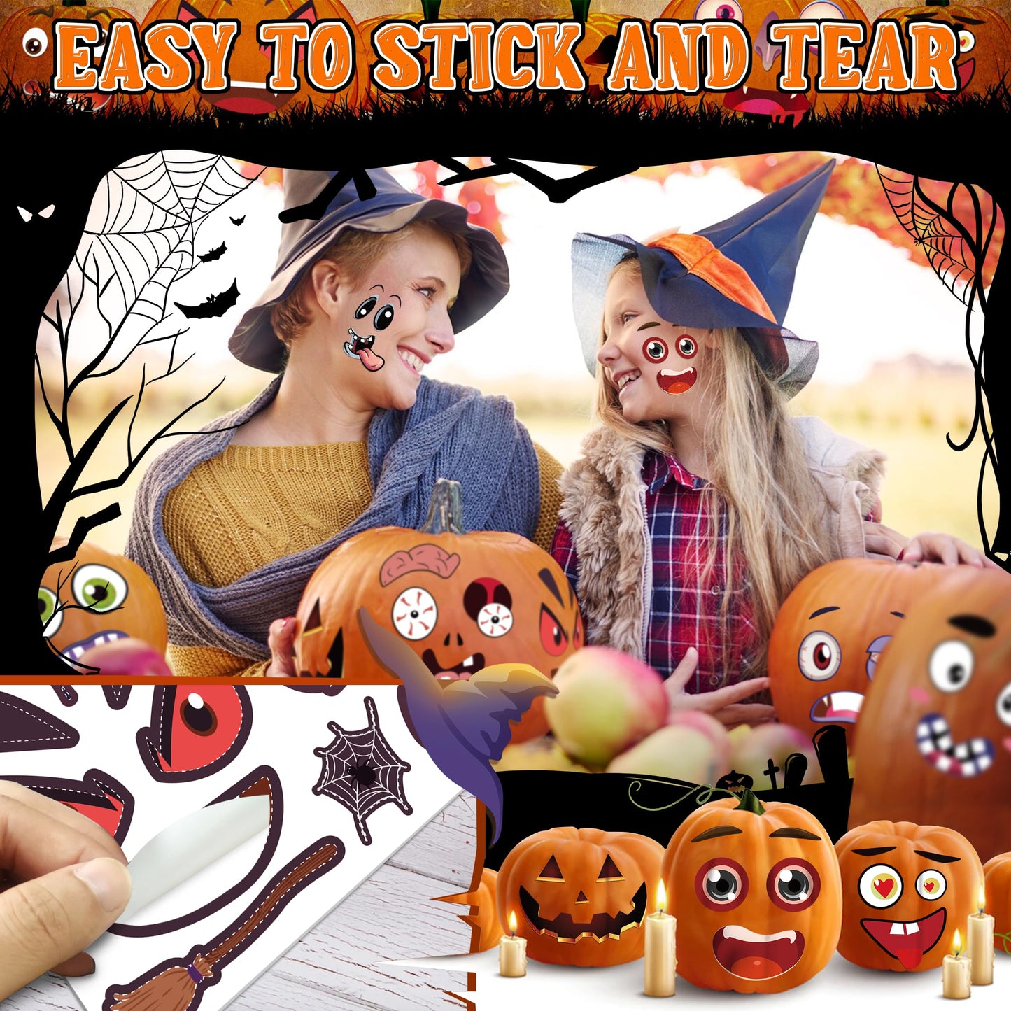LINAYE 24-Count Pumpkin Face Stickers Kit for Mini Pumpkins | Halloween Games & Kids Gifts
