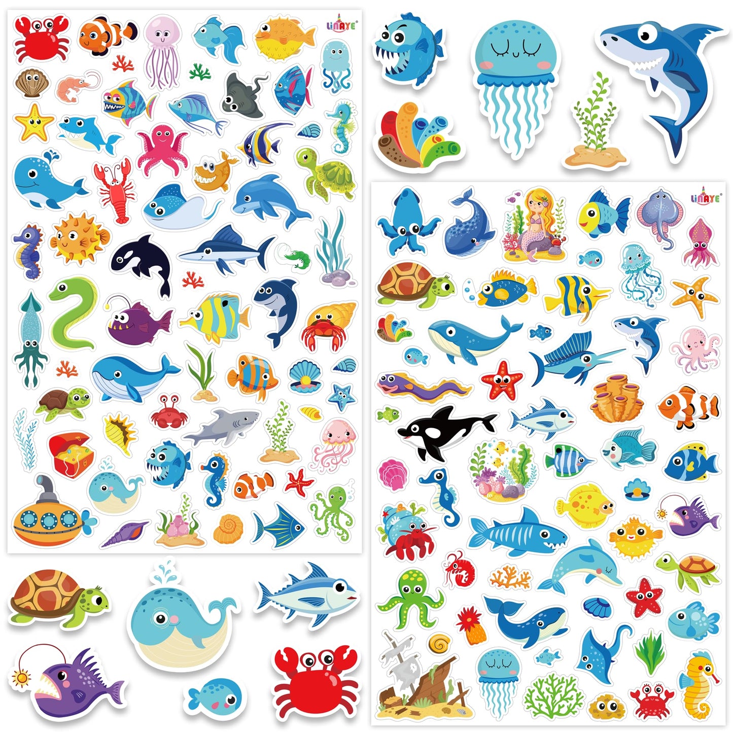 LINAYE 1480PCS Ocean Stickers for Kids – 24 Sheets, Waterproof Vinyl Sea Life Stickers
