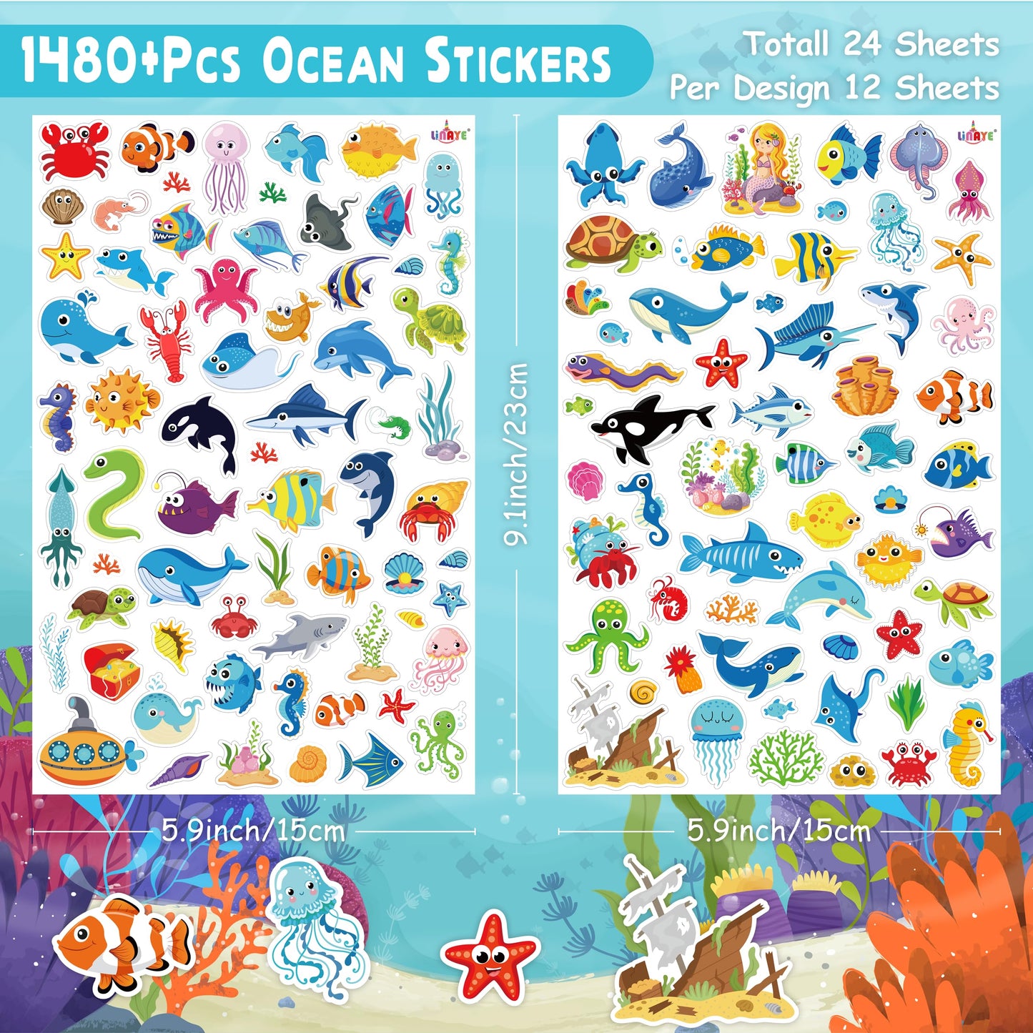 LINAYE 1480PCS Ocean Stickers for Kids – 24 Sheets, Waterproof Vinyl Sea Life Stickers