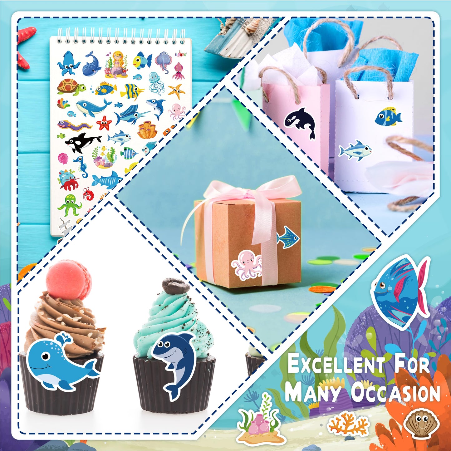 LINAYE 1480PCS Ocean Stickers for Kids – 24 Sheets, Waterproof Vinyl Sea Life Stickers