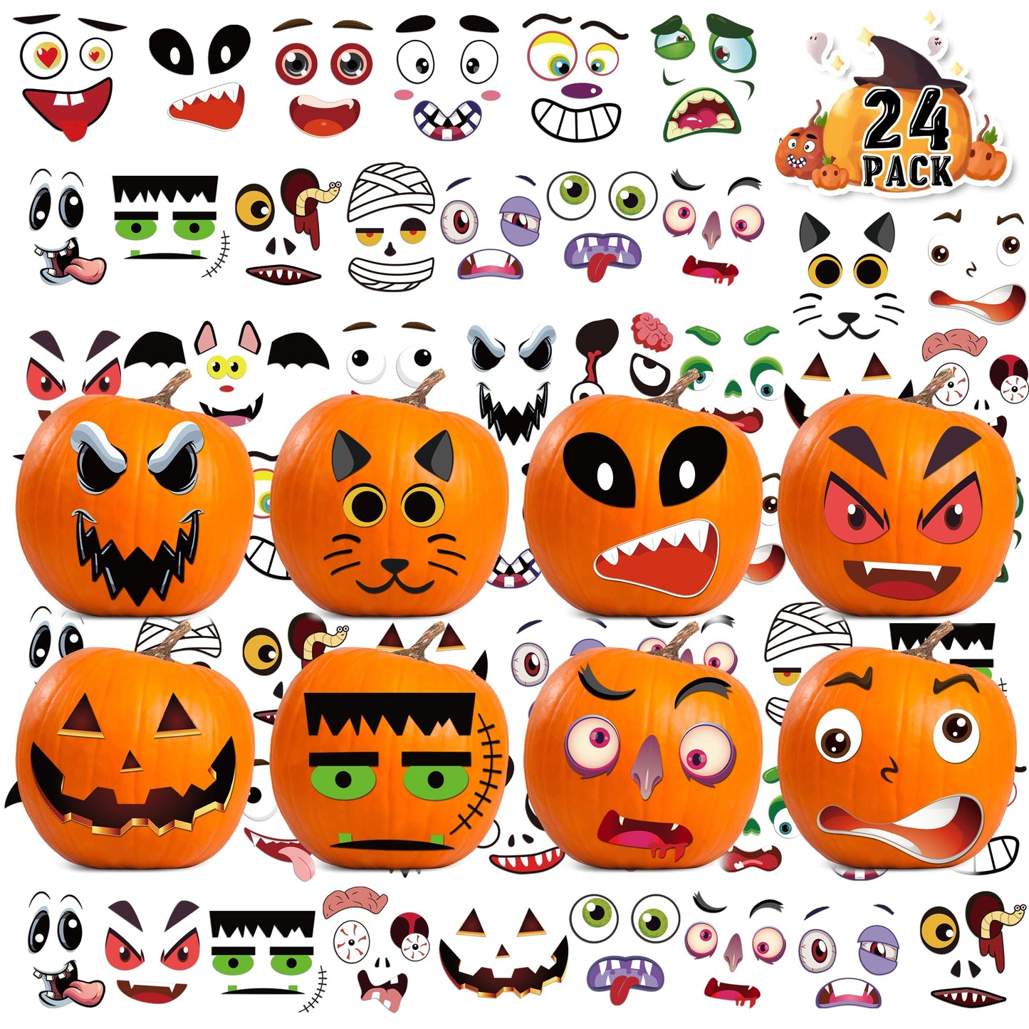 LINAYE 24-Count Pumpkin Face Stickers Kit for Mini Pumpkins | Halloween Games & Kids Gifts