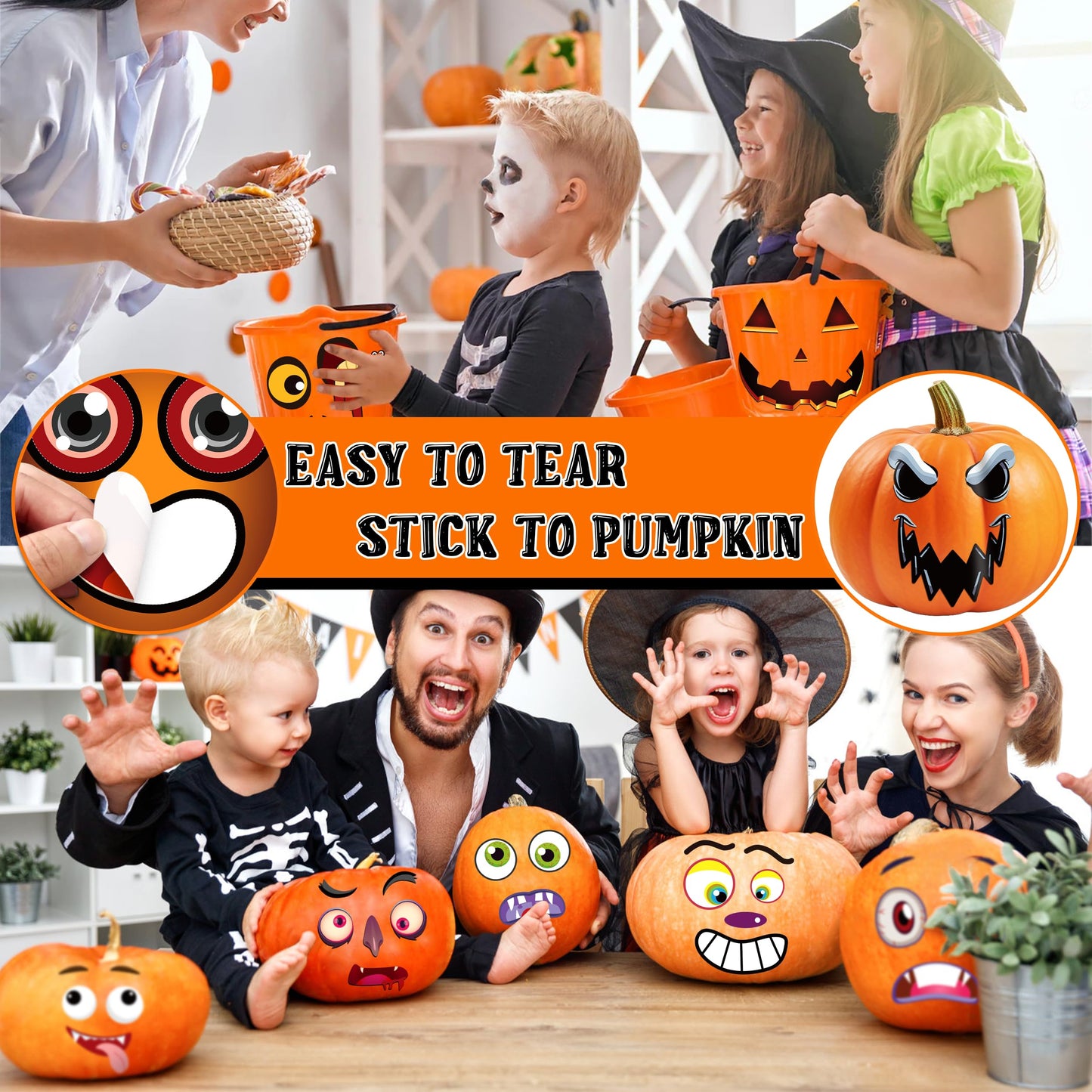 LINAYE 48 Pcs Halloween Pumpkin Face Stickers for Kids – Decorating Kit