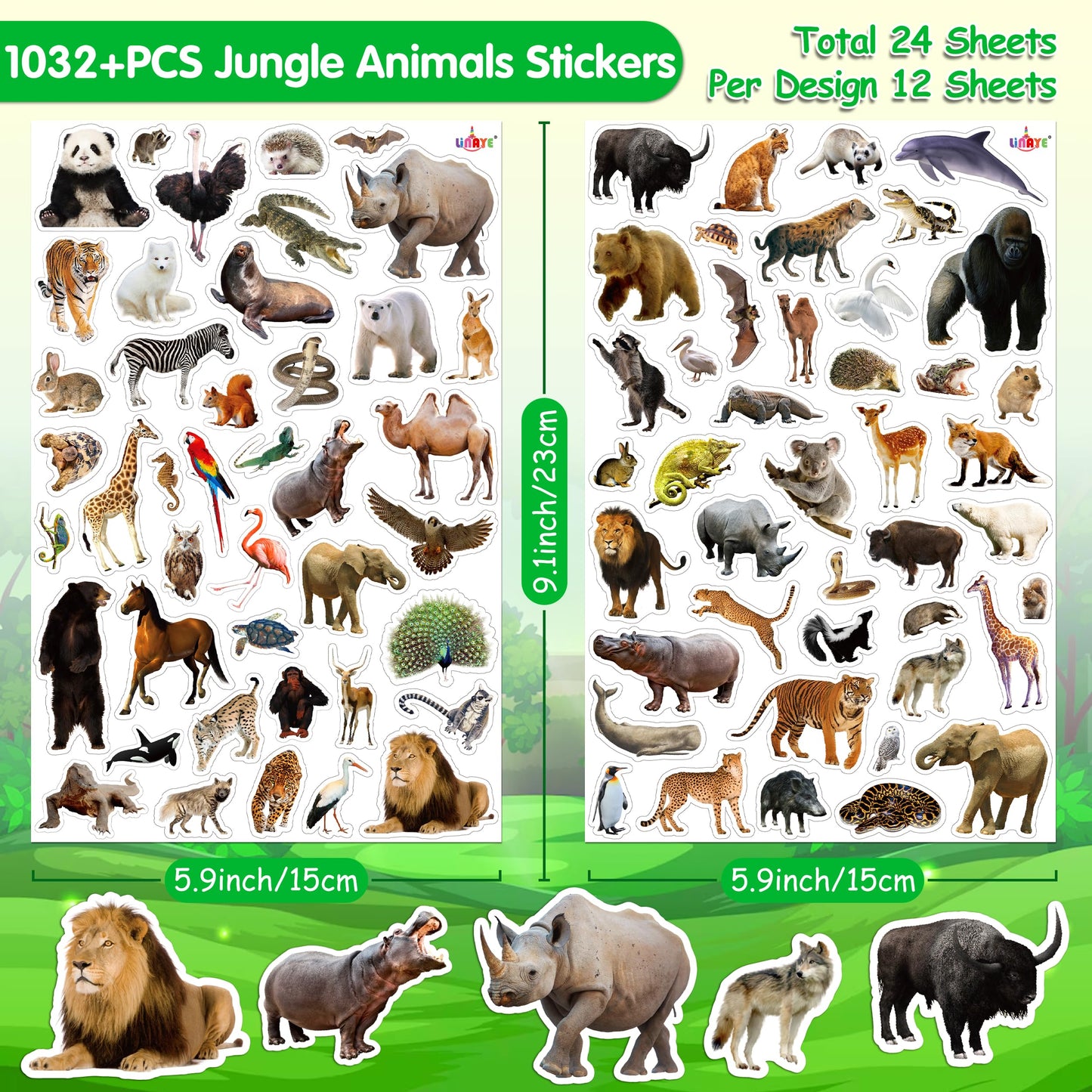 LINAYE Jungle Animal Stickers Pack – 1032+ Pieces, 86 Designs for Scrapbooks, Water Bottles & More