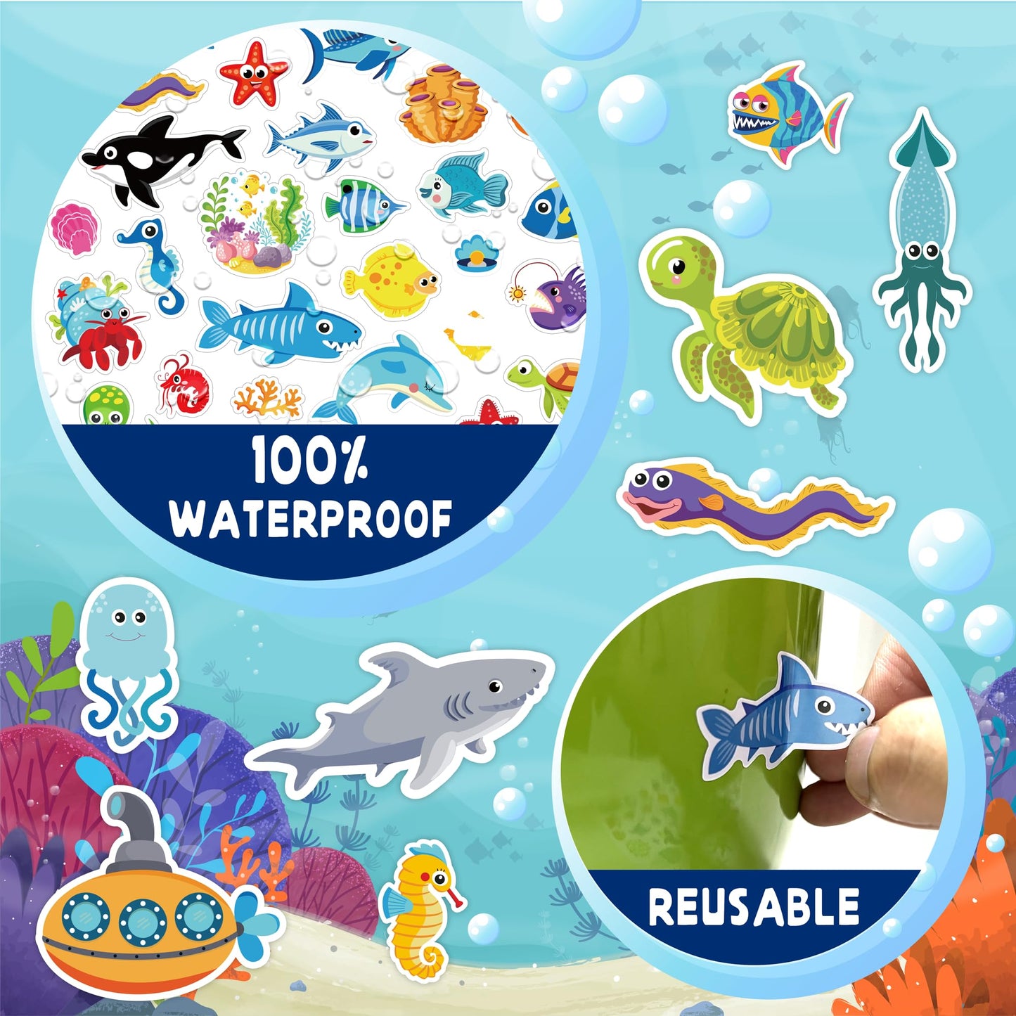 LINAYE 1480PCS Ocean Stickers for Kids – 24 Sheets, Waterproof Vinyl Sea Life Stickers