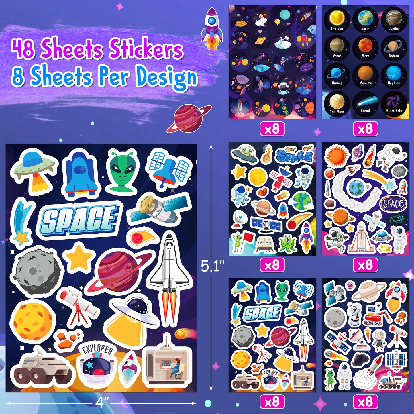 LINAYE 960+ PCS Space Stickers for Kids & Classroom — 48 Sheets Waterproof Outer Space Decor