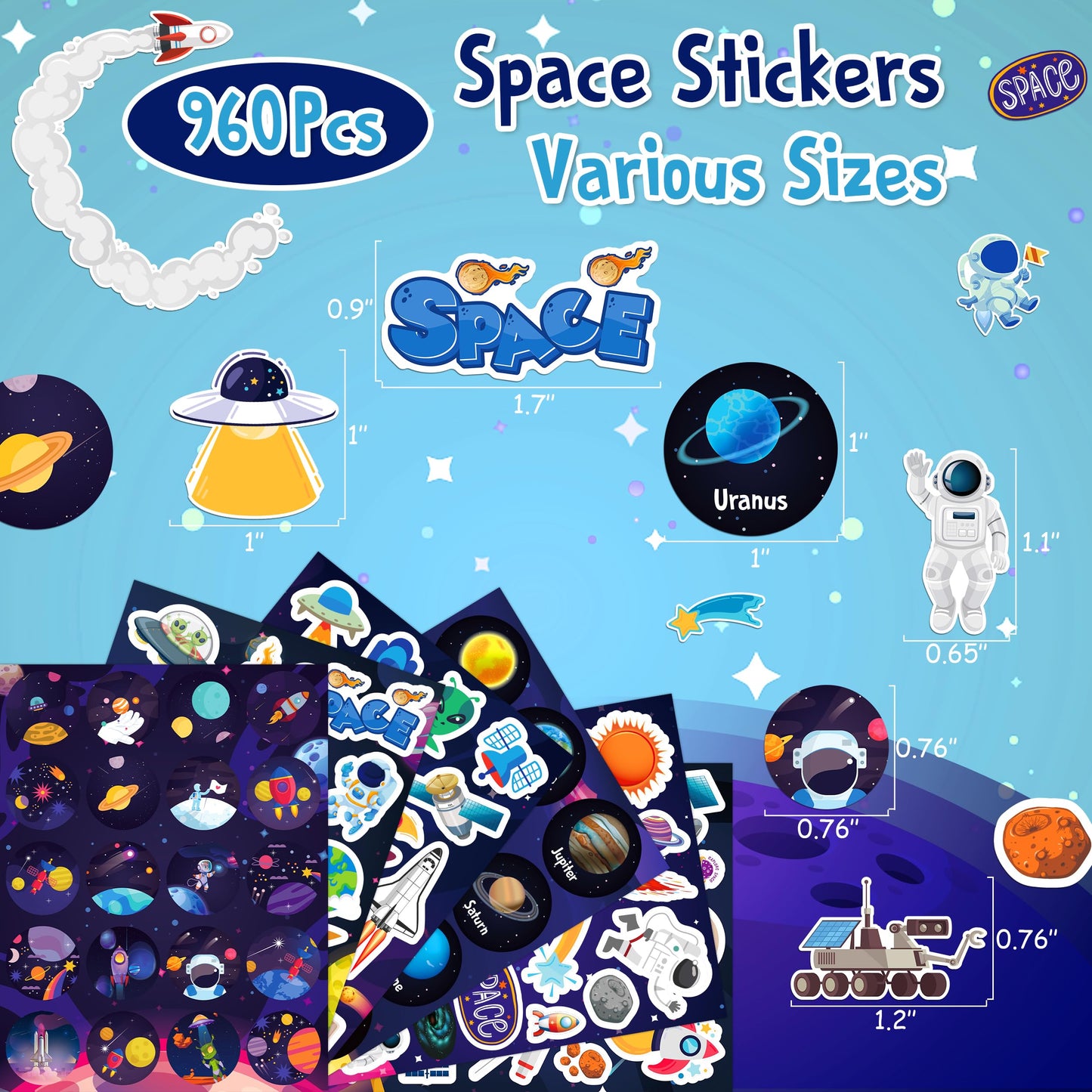 LINAYE 960+ PCS Space Stickers for Kids & Classroom — 48 Sheets Waterproof Outer Space Decor