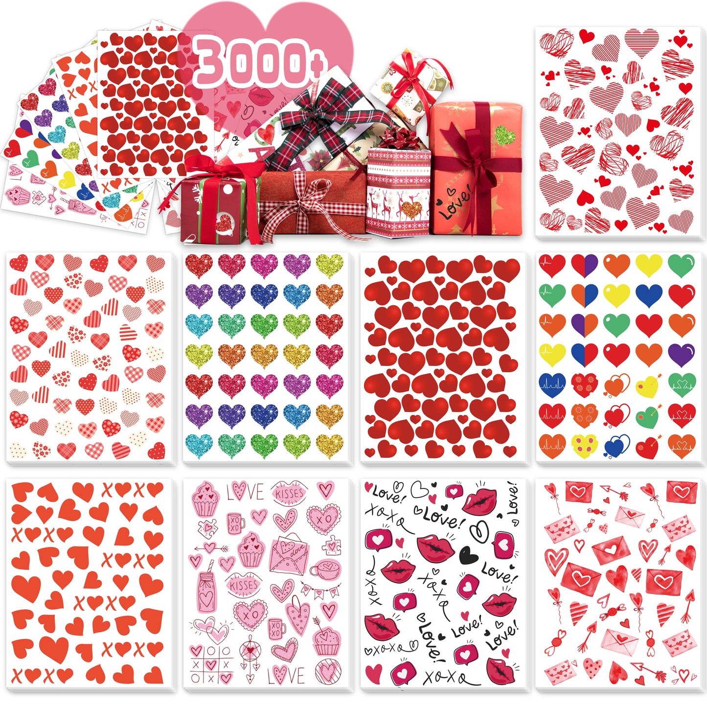 LINAYE Valentine Heart Stickers for Kids – 3000+ PCS, 72 Sheets, Non-Toxic & Reusable