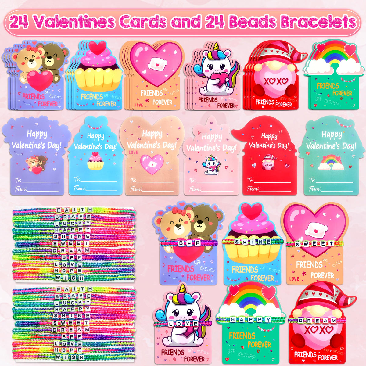 LINAYE 24-Pack Valentines Gift Cards + Friendship Bead Bracelets for Kids