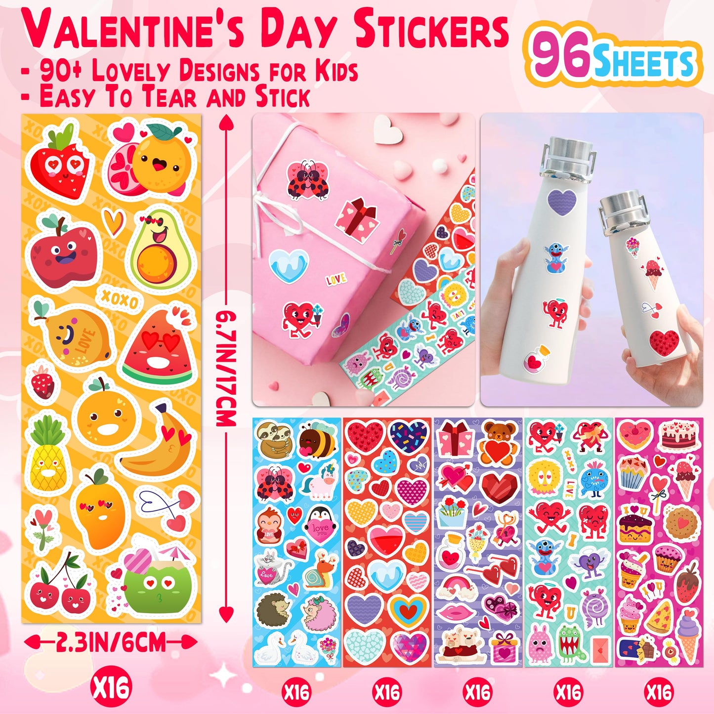 LINAYE 1440Pcs Valentines Stickers for Kids - 96 Sheets Bulk for Cards and Crafts