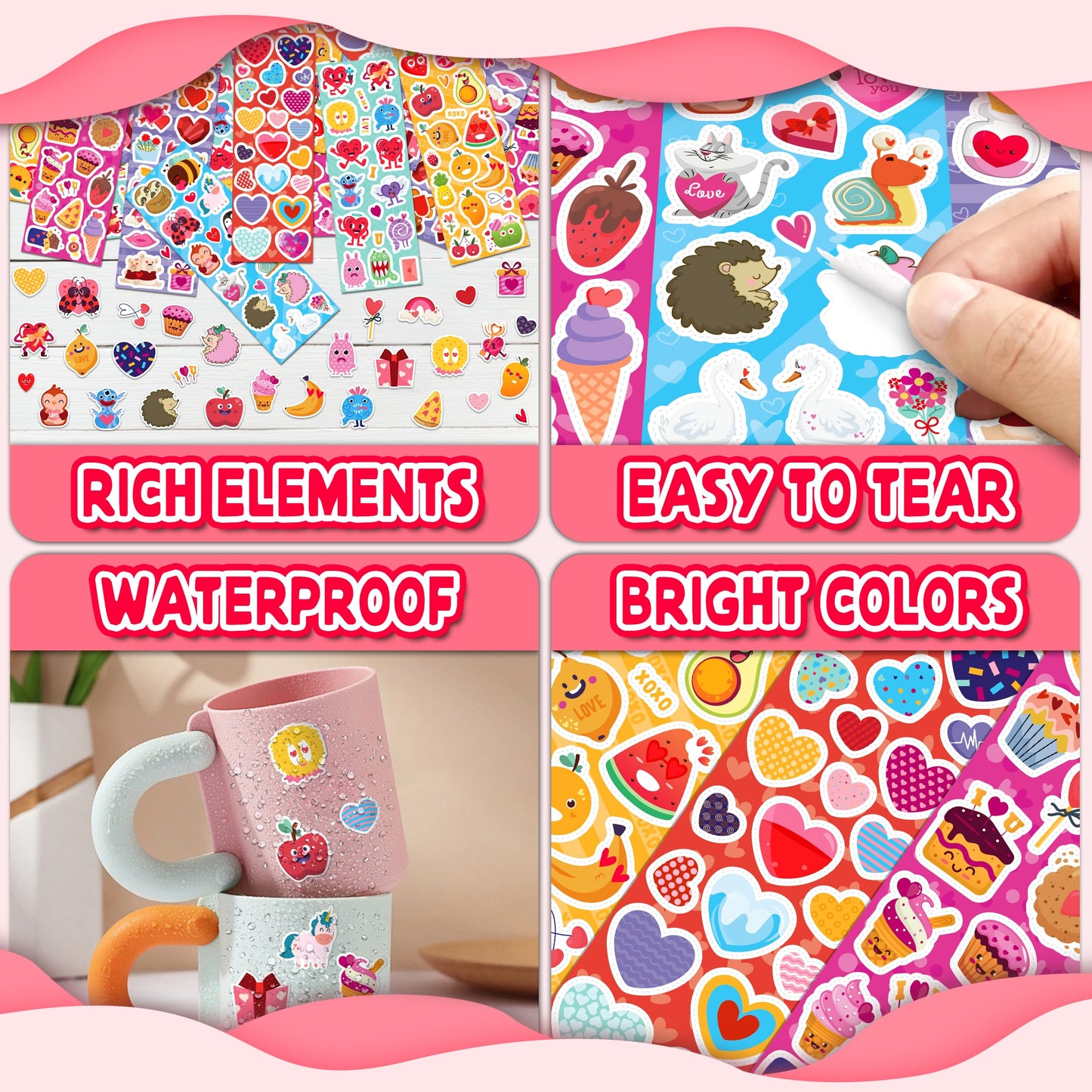 LINAYE 1440Pcs Valentines Stickers for Kids - 96 Sheets Bulk for Cards and Crafts