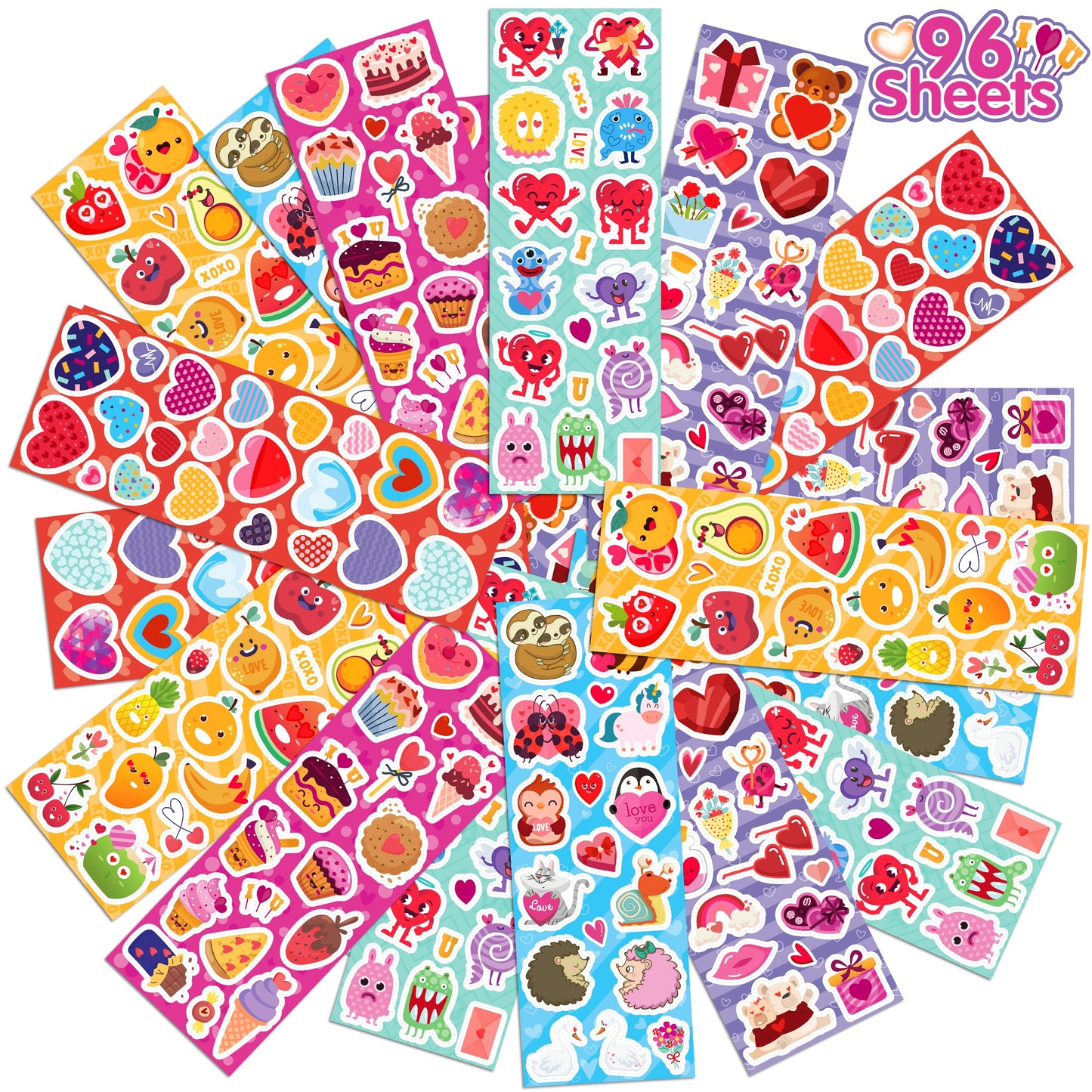 LINAYE 1440Pcs Valentines Stickers for Kids - 96 Sheets Bulk for Cards and Crafts