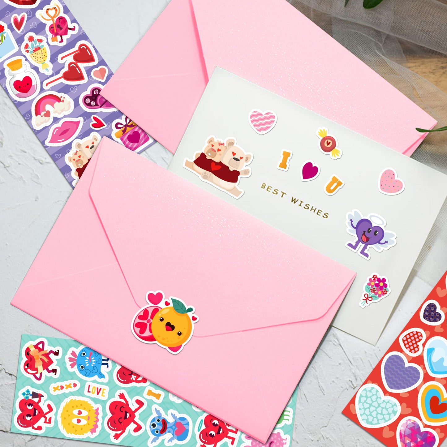 LINAYE 1440Pcs Valentines Stickers for Kids - 96 Sheets Bulk for Cards and Crafts