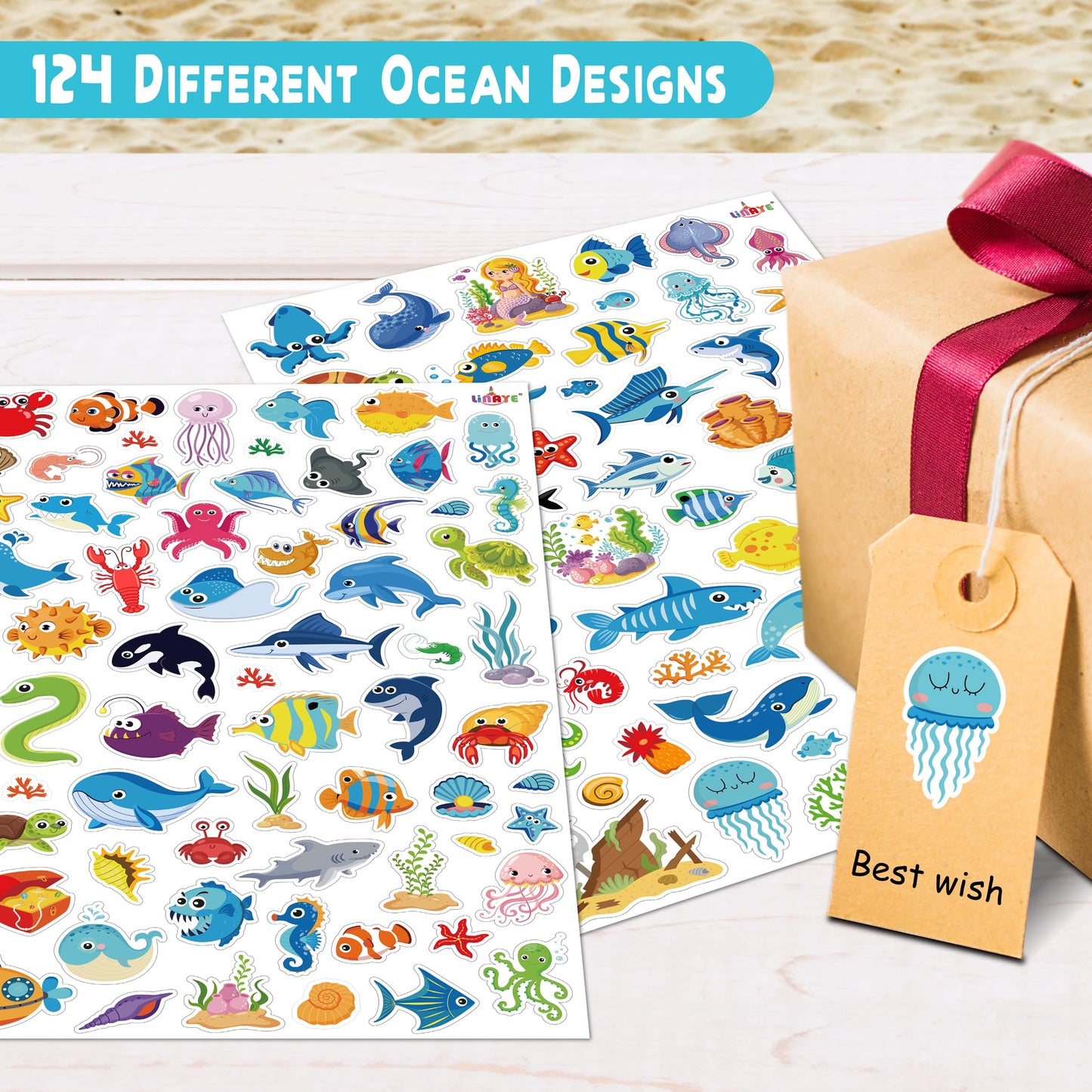 LINAYE 1480PCS Ocean Stickers for Kids – 24 Sheets, Waterproof Vinyl Sea Life Stickers