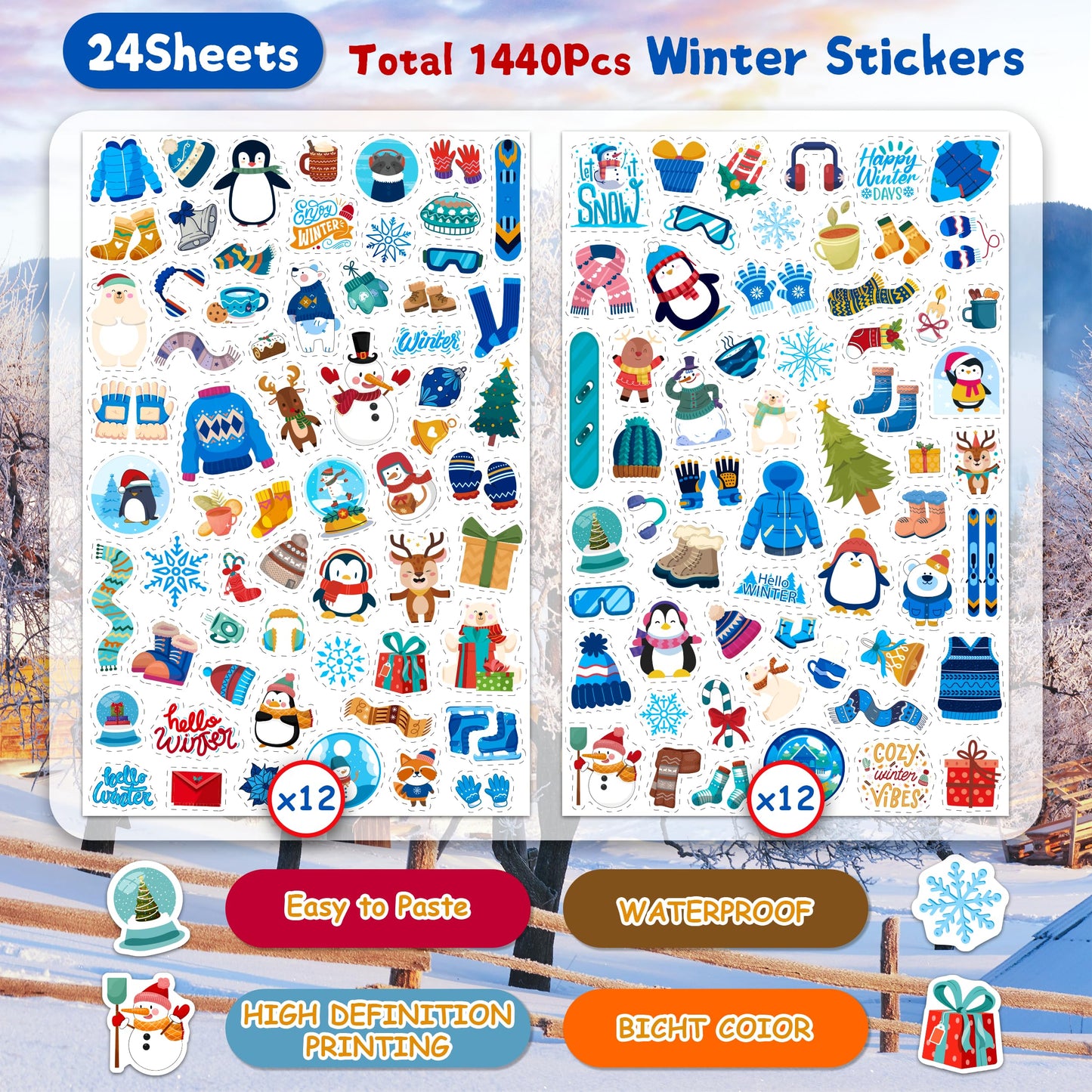 LINAYE 24 Sheets Winter Stickers for Kids – 1440 PCS Adorable Snowman Sticker Pack for Party Favors