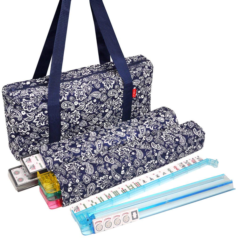 Linda Li American Mahjong Set 166 Premium White Tiles | 4-in-1 Rack/Pushers & Blue Paisley Bag