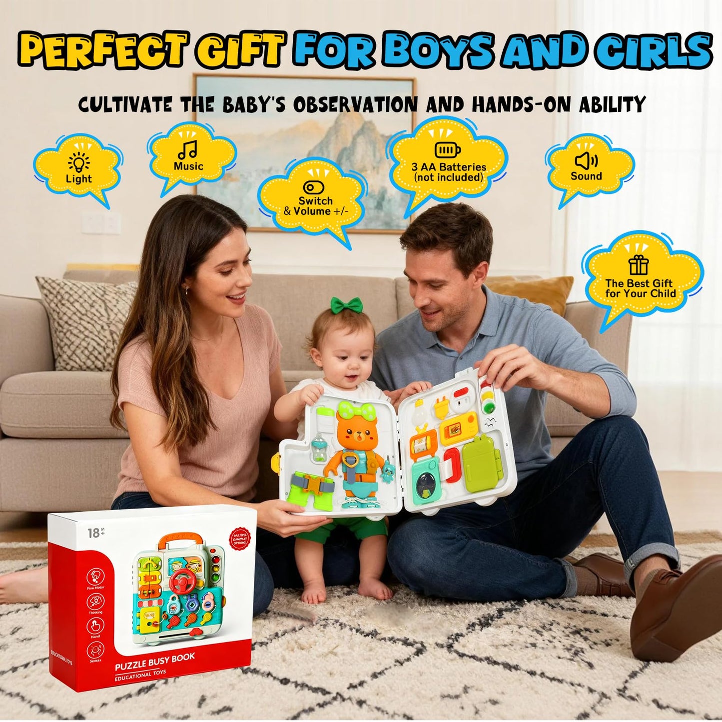 LINEQIC Montessori Busy Board Toy for 1-2 Year Olds – Educational Toddler Toys with Music & Fine Motor Skills