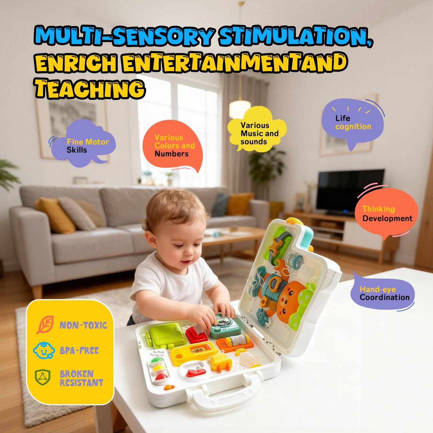 LINEQIC Montessori Busy Board Toy for 1-2 Year Olds – Educational Toddler Toys with Music & Fine Motor Skills