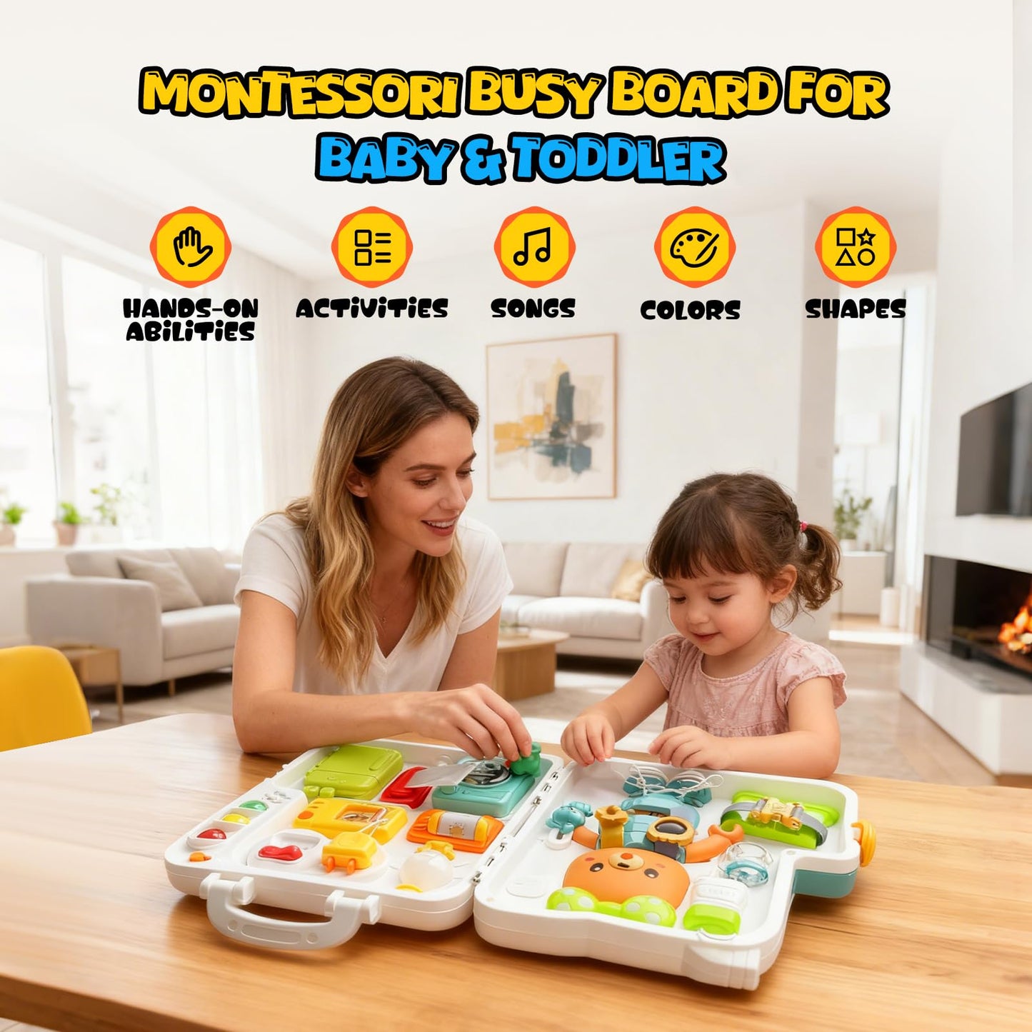 LINEQIC Montessori Busy Board Toy for 1-2 Year Olds – Educational Toddler Toys with Music & Fine Motor Skills