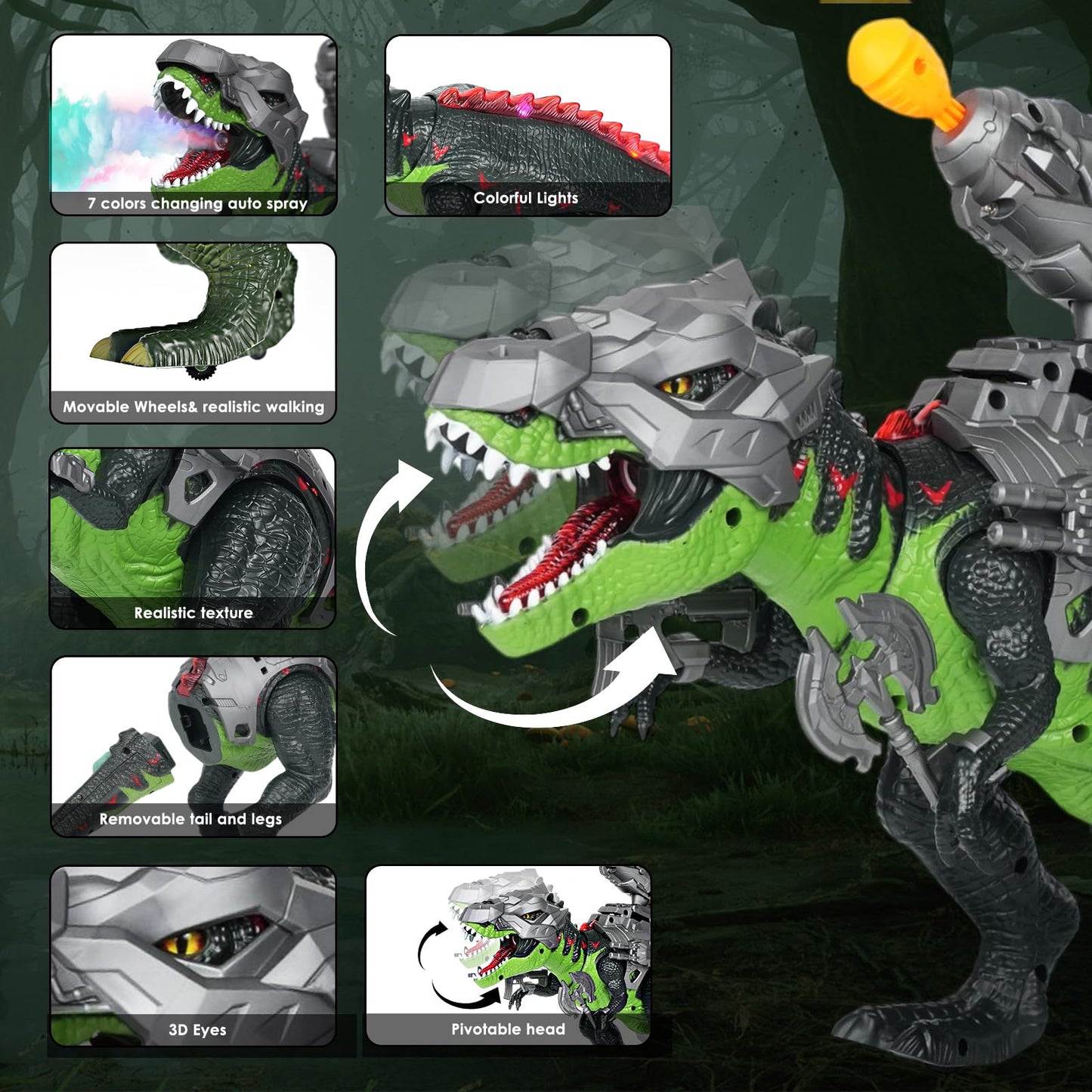 LINEQIC 7-Color Sprays RC Dinosaur – Realistic Roar, Flame & Frost LED Effects