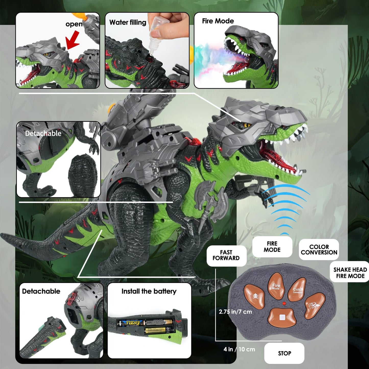 LINEQIC 7-Color Sprays RC Dinosaur – Realistic Roar, Flame & Frost LED Effects