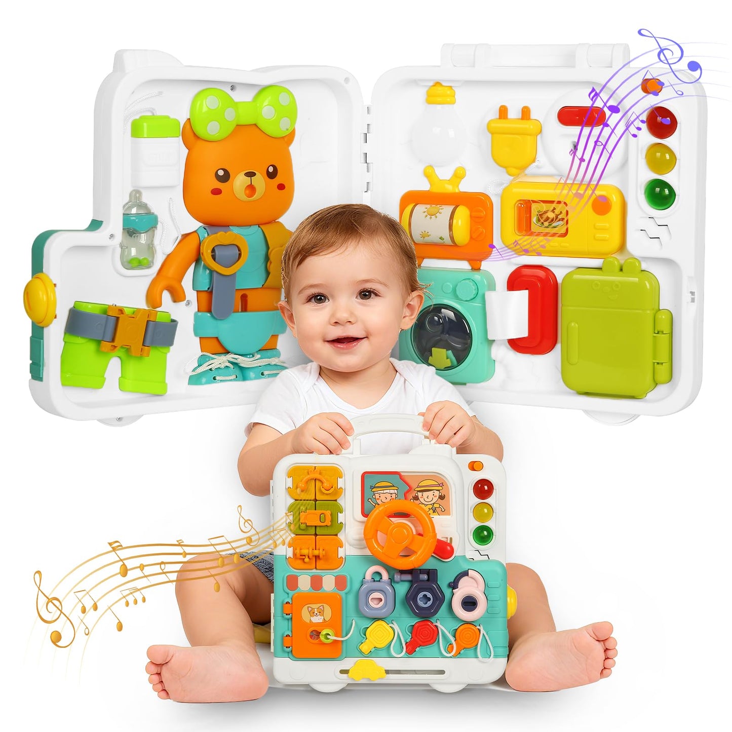 LINEQIC Montessori Busy Board Toy for 1-2 Year Olds – Educational Toddler Toys with Music & Fine Motor Skills
