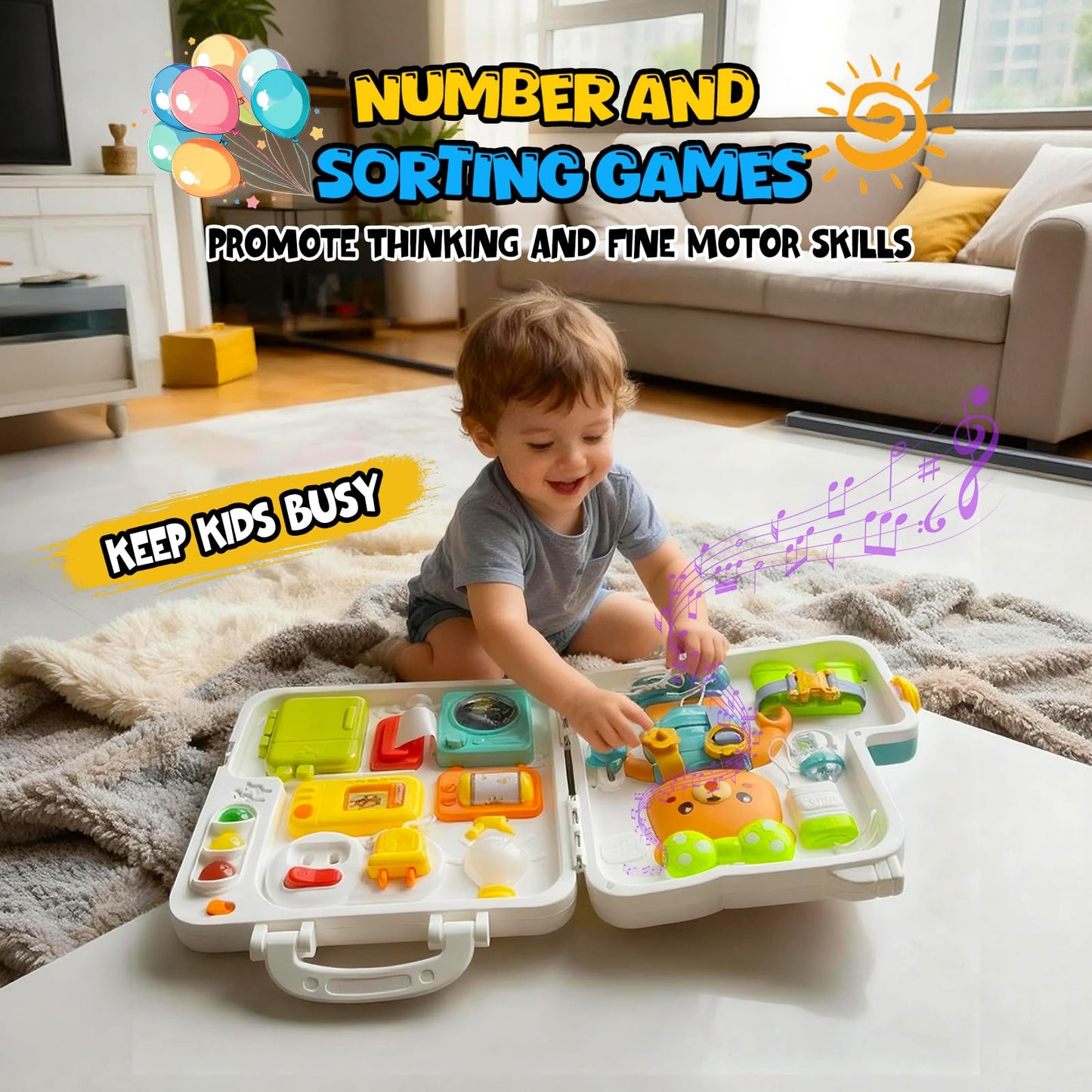 LINEQIC Montessori Busy Board Toy for 1-2 Year Olds – Educational Toddler Toys with Music & Fine Motor Skills