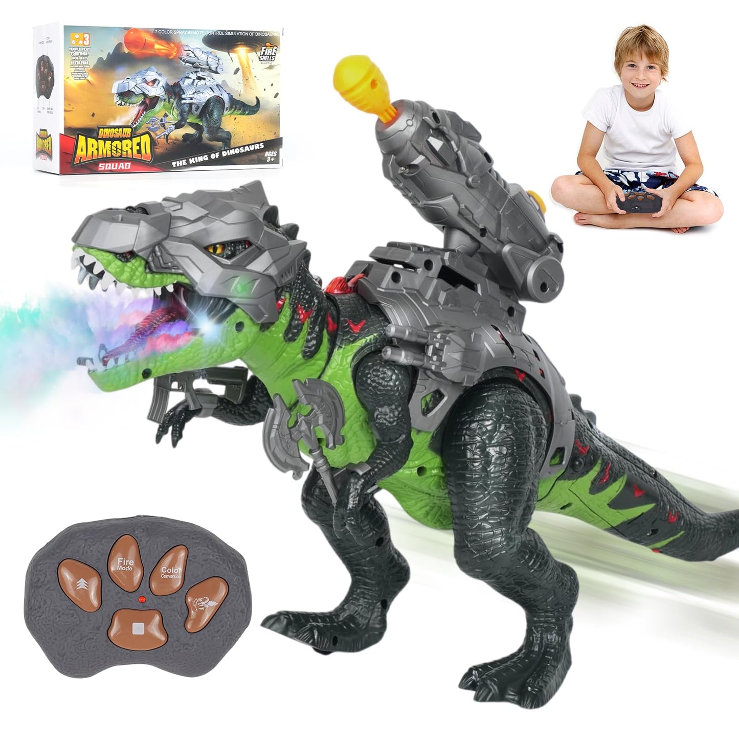 LINEQIC 7-Color Sprays RC Dinosaur – Realistic Roar, Flame & Frost LED Effects