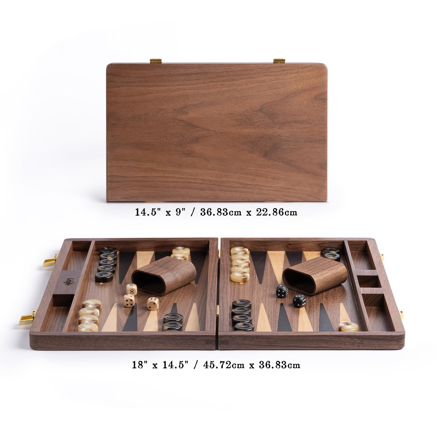 Lingle 14.5" Premium Walnut Folding Backgammon Set – 30 Horn Checkers, 2 Dice Cups, 5 Wooden Dice
