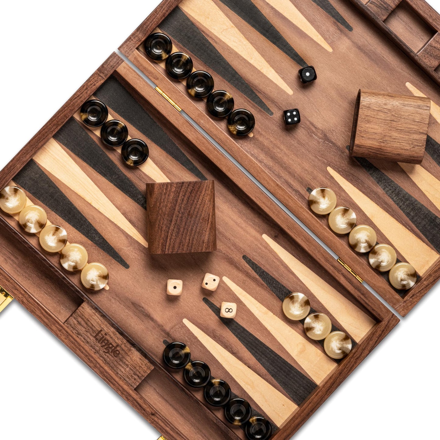 Lingle 14.5" Premium Walnut Folding Backgammon Set – 30 Horn Checkers, 2 Dice Cups, 5 Wooden Dice