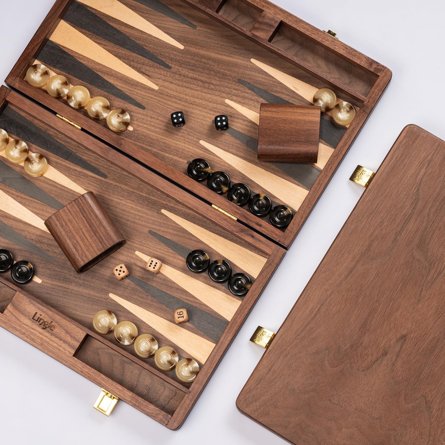 Lingle 14.5" Premium Walnut Folding Backgammon Set – 30 Horn Checkers, 2 Dice Cups, 5 Wooden Dice