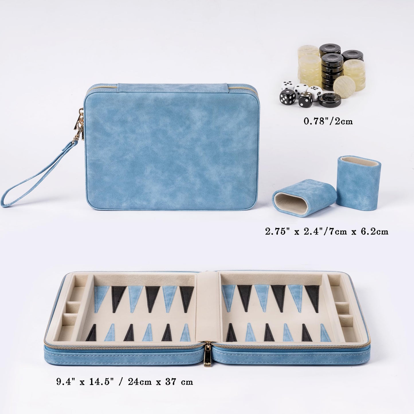 Lingle Backgammon Sets for Adults – Folding Faux Leather Case, Portable Travel Backgammon (Blue)