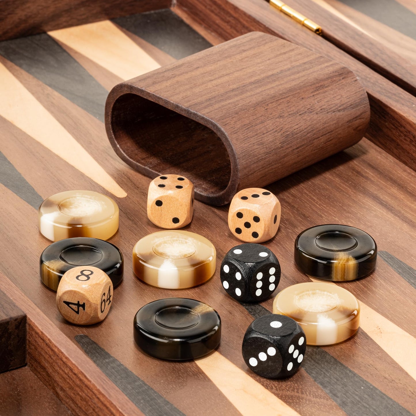 Lingle 14.5" Premium Walnut Folding Backgammon Set – 30 Horn Checkers, 2 Dice Cups, 5 Wooden Dice
