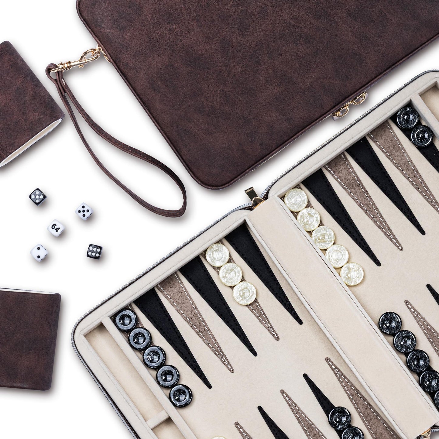 Lingle Backgammon Set for Adults - Folding Faux Leather Case, Portable Travel Board Game