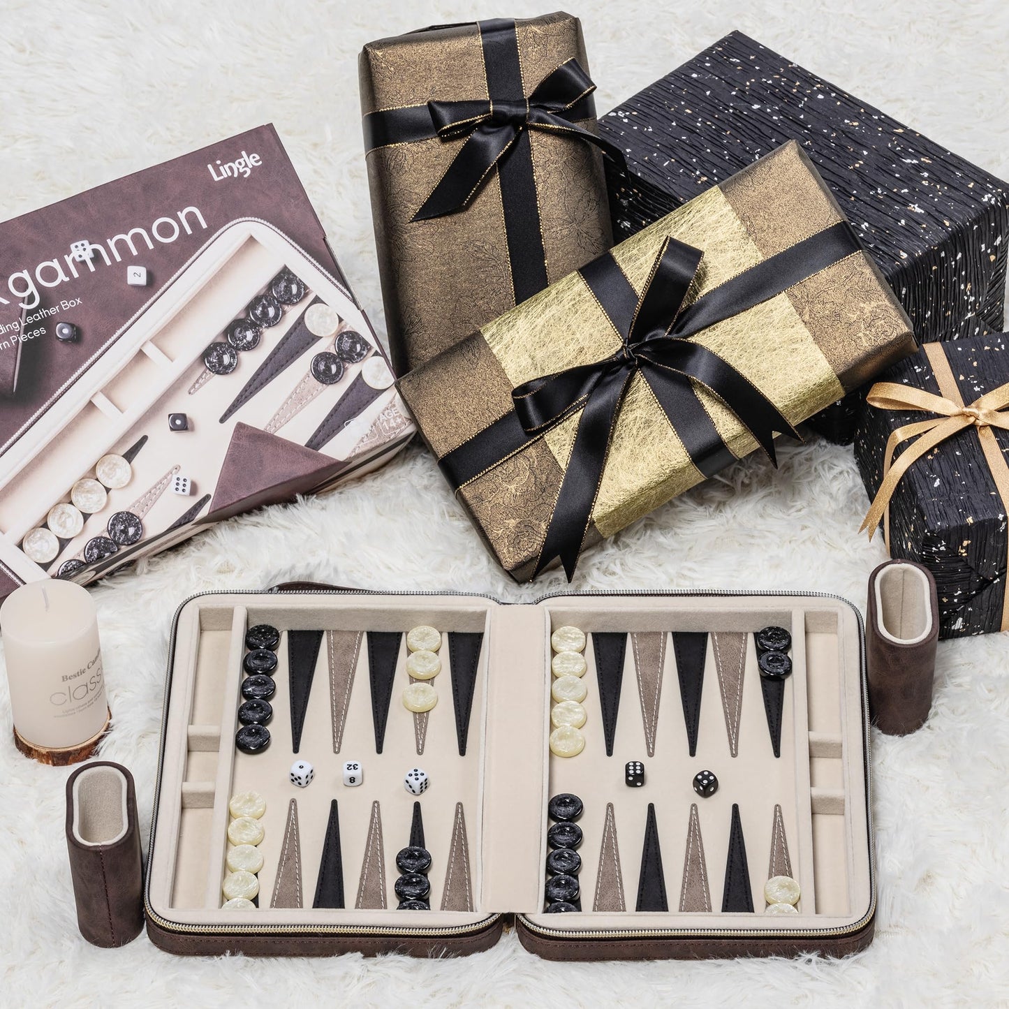 Lingle Backgammon Set for Adults - Folding Faux Leather Case, Portable Travel Board Game