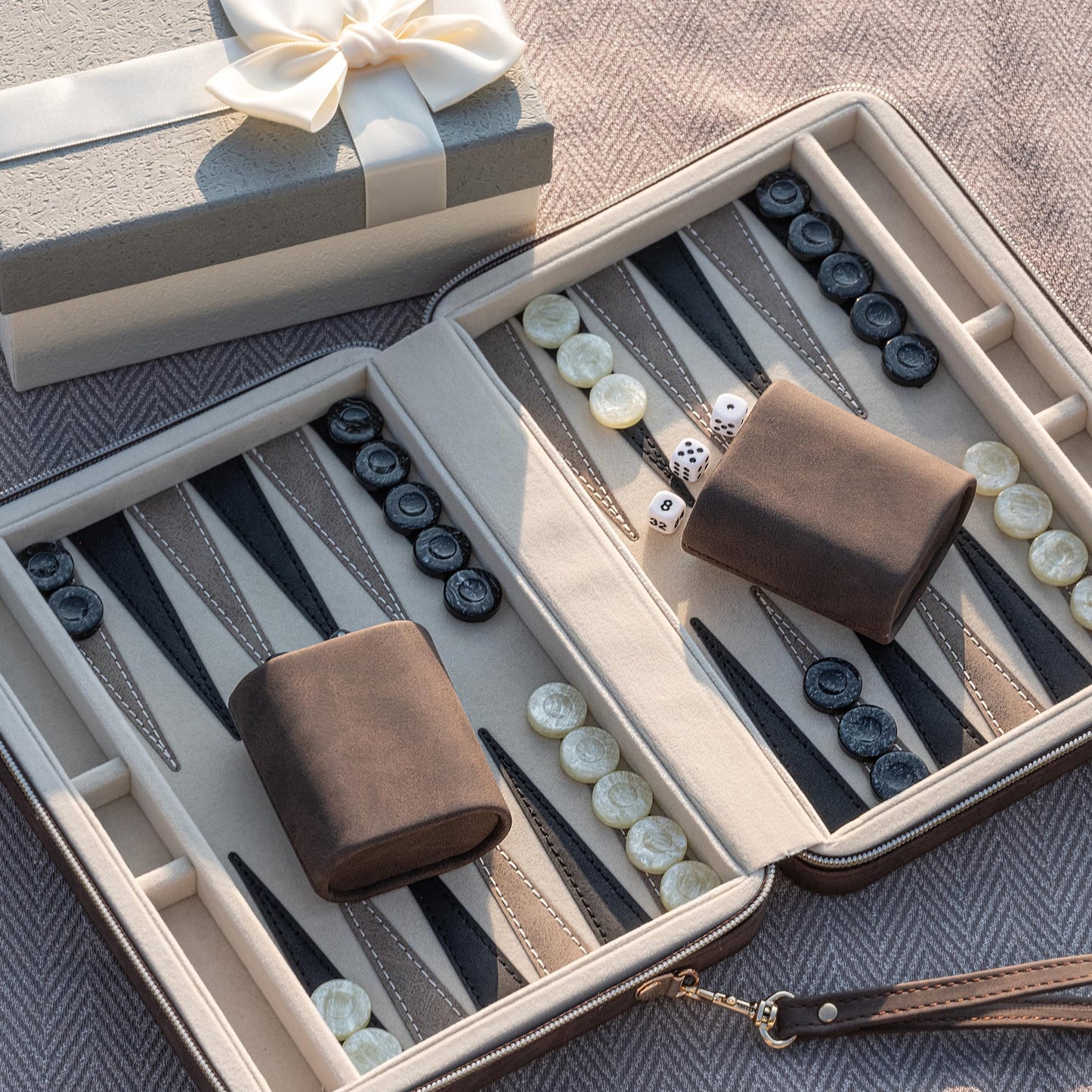 Lingle Backgammon Set for Adults - Folding Faux Leather Case, Portable Travel Board Game