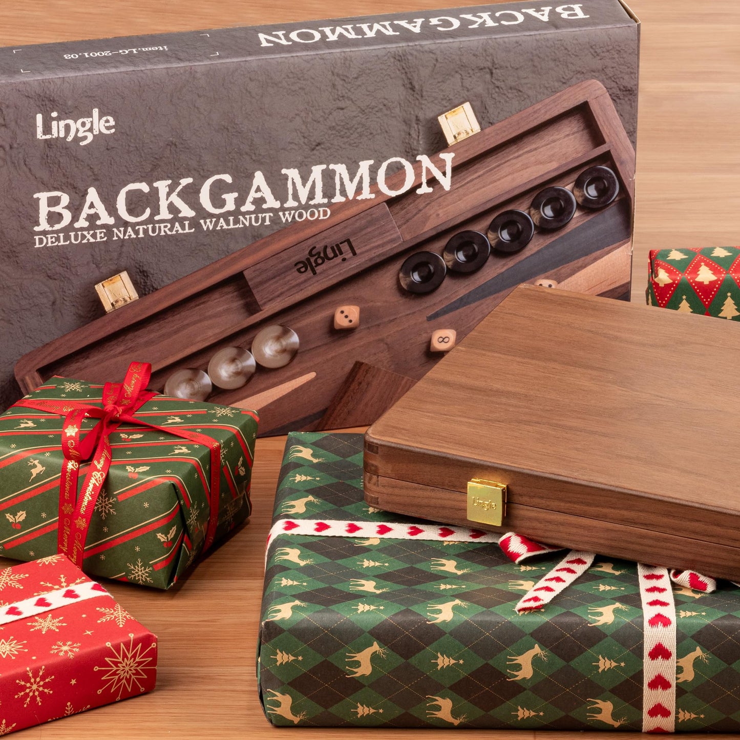 Lingle 14.5" Premium Walnut Folding Backgammon Set – 30 Horn Checkers, 2 Dice Cups, 5 Wooden Dice