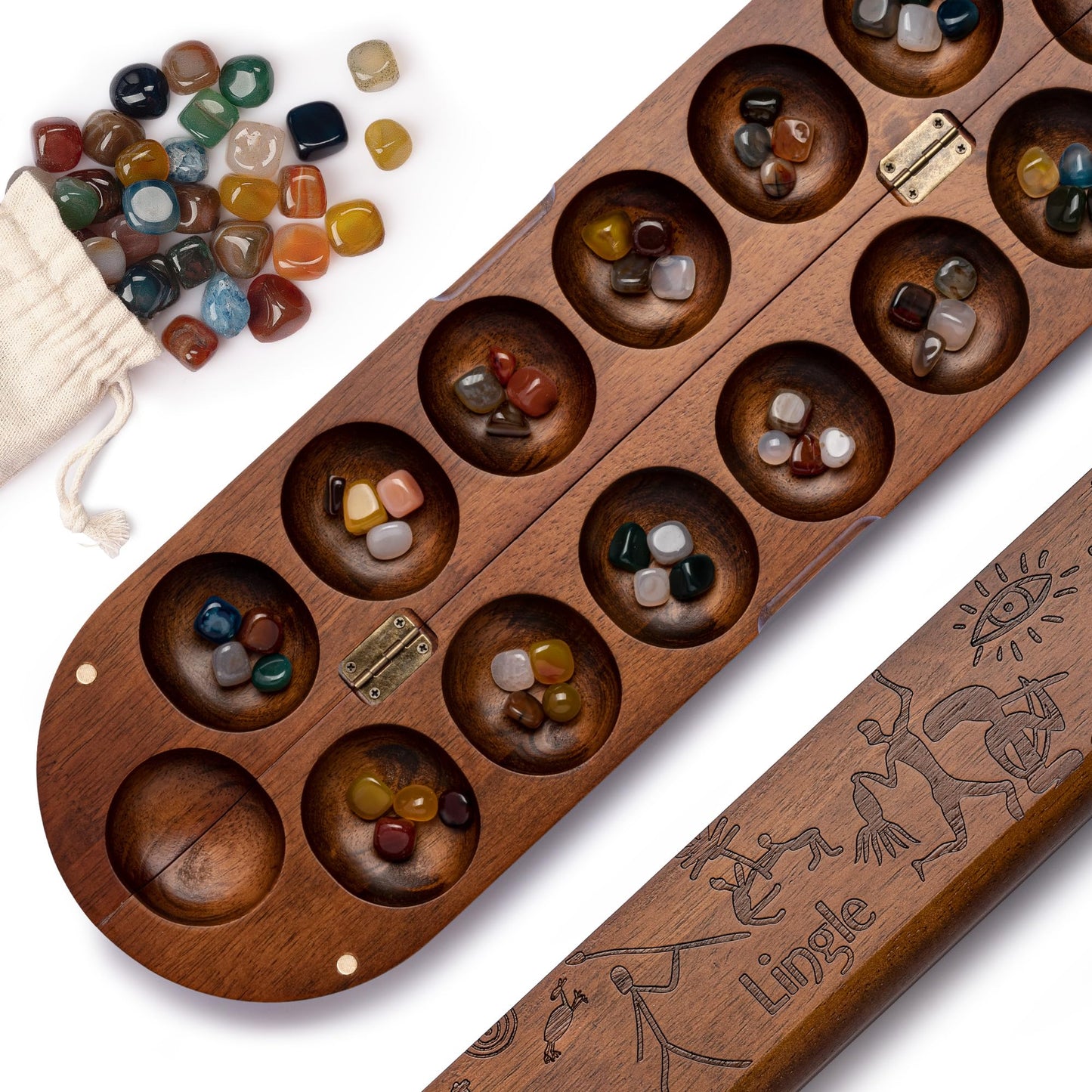Lingle Deluxe Mancala Set – Real Wood Hinged Board, 48 Stones, African Petroglyphs