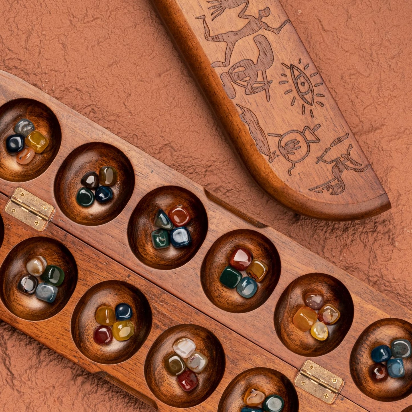 Lingle Deluxe Mancala Set – Real Wood Hinged Board, 48 Stones, African Petroglyphs
