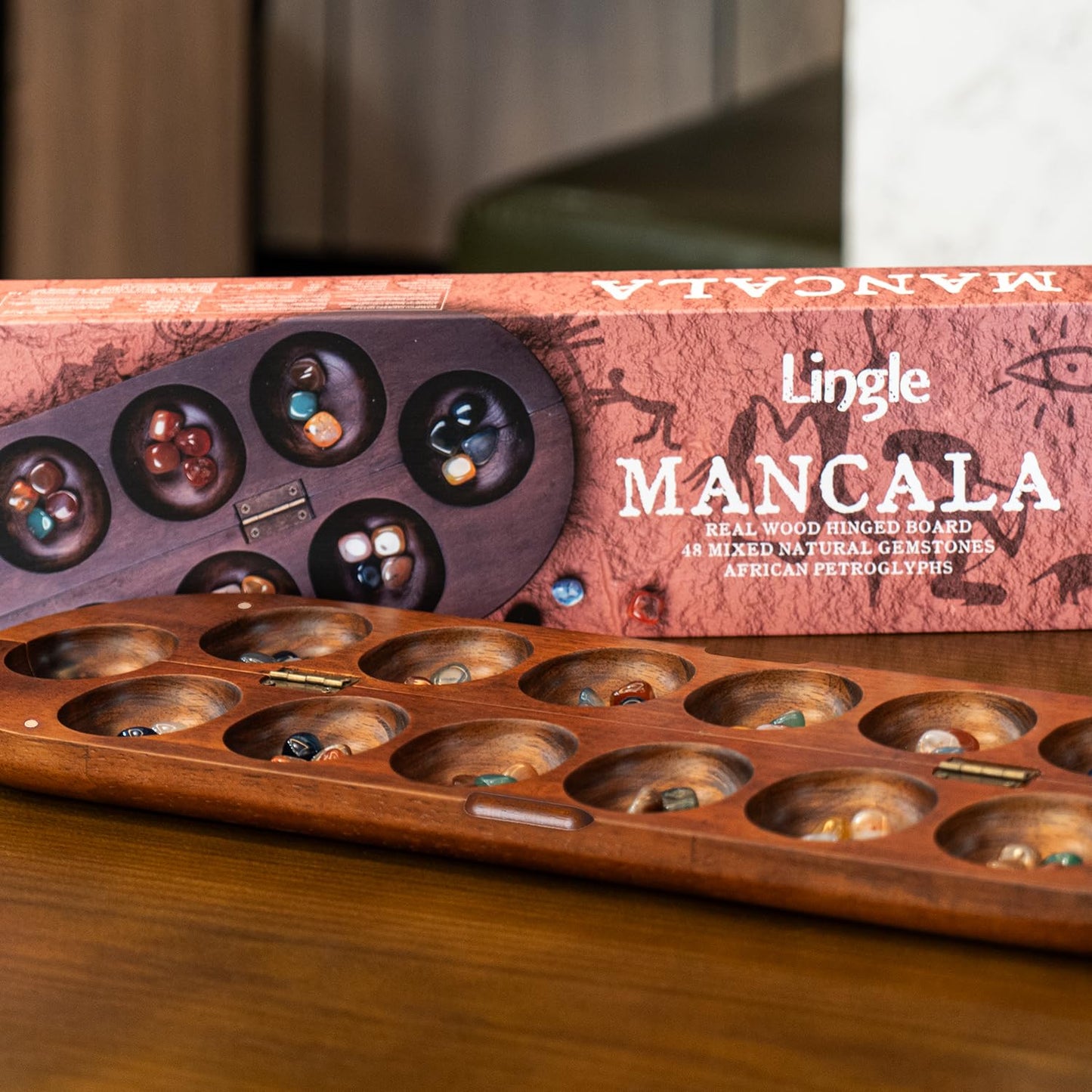 Lingle Deluxe Mancala Set – Real Wood Hinged Board, 48 Stones, African Petroglyphs