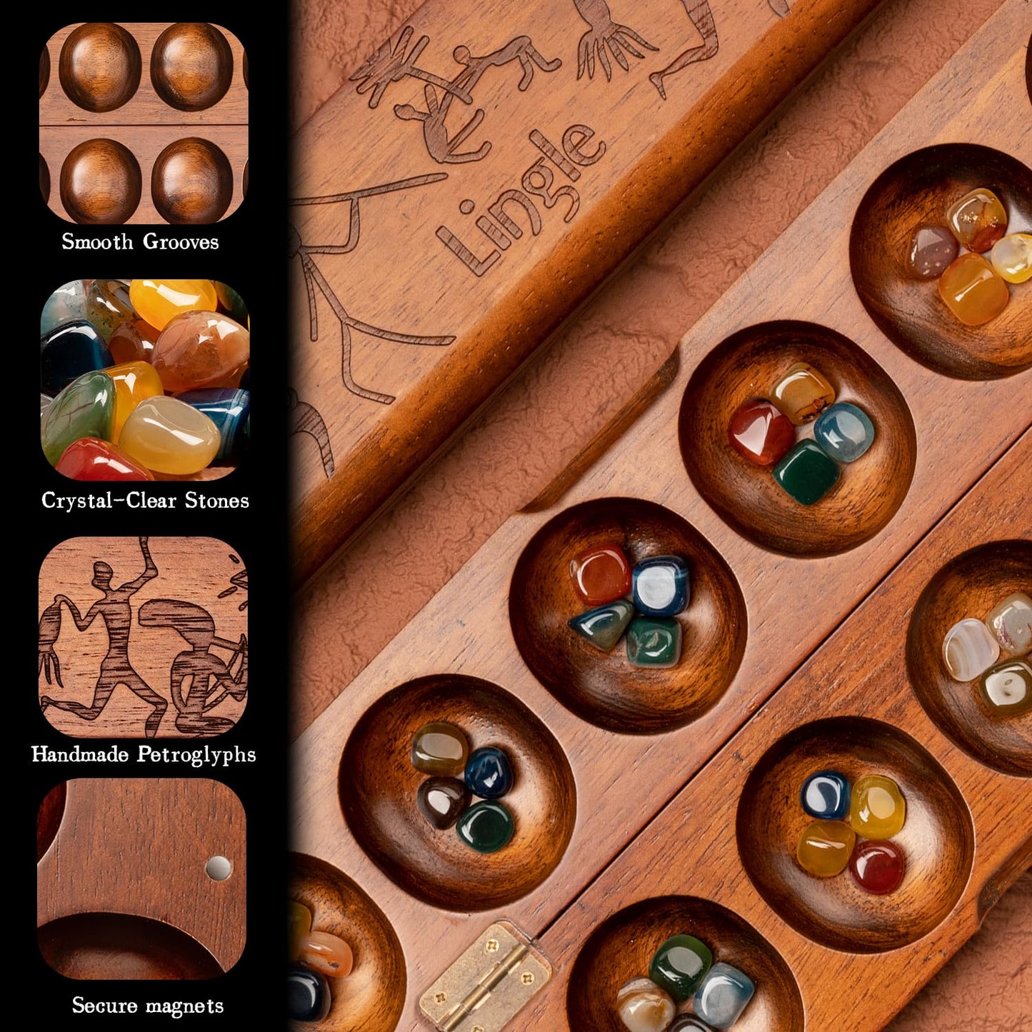 Lingle Deluxe Mancala Set – Real Wood Hinged Board, 48 Stones, African Petroglyphs
