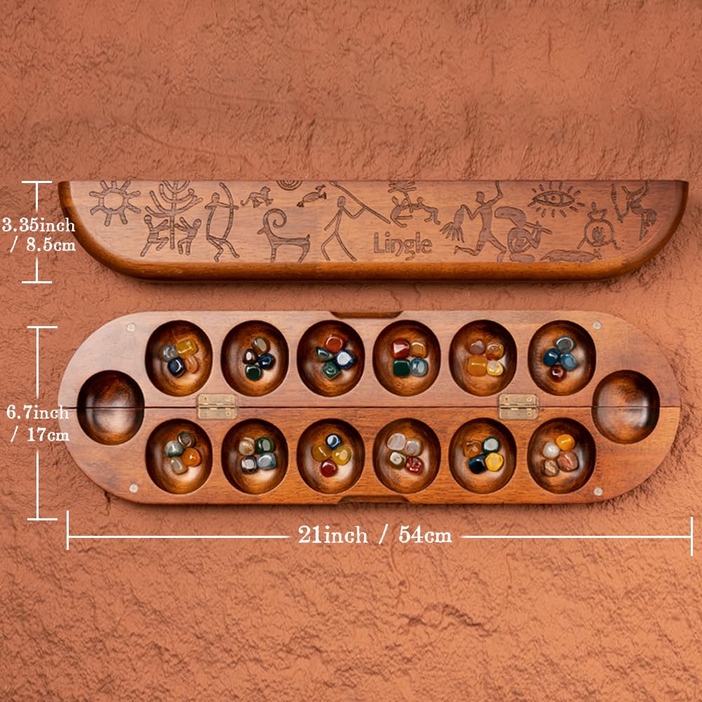 Lingle Deluxe Mancala Set – Real Wood Hinged Board, 48 Stones, African Petroglyphs